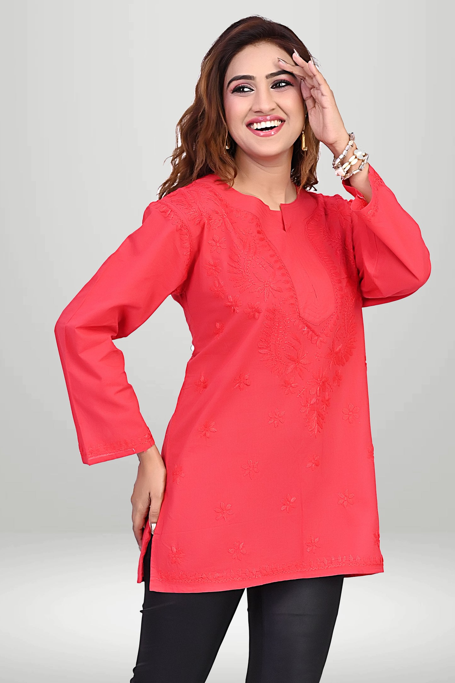 Red Chikankari Short Kurti - COTTAN | virtuore