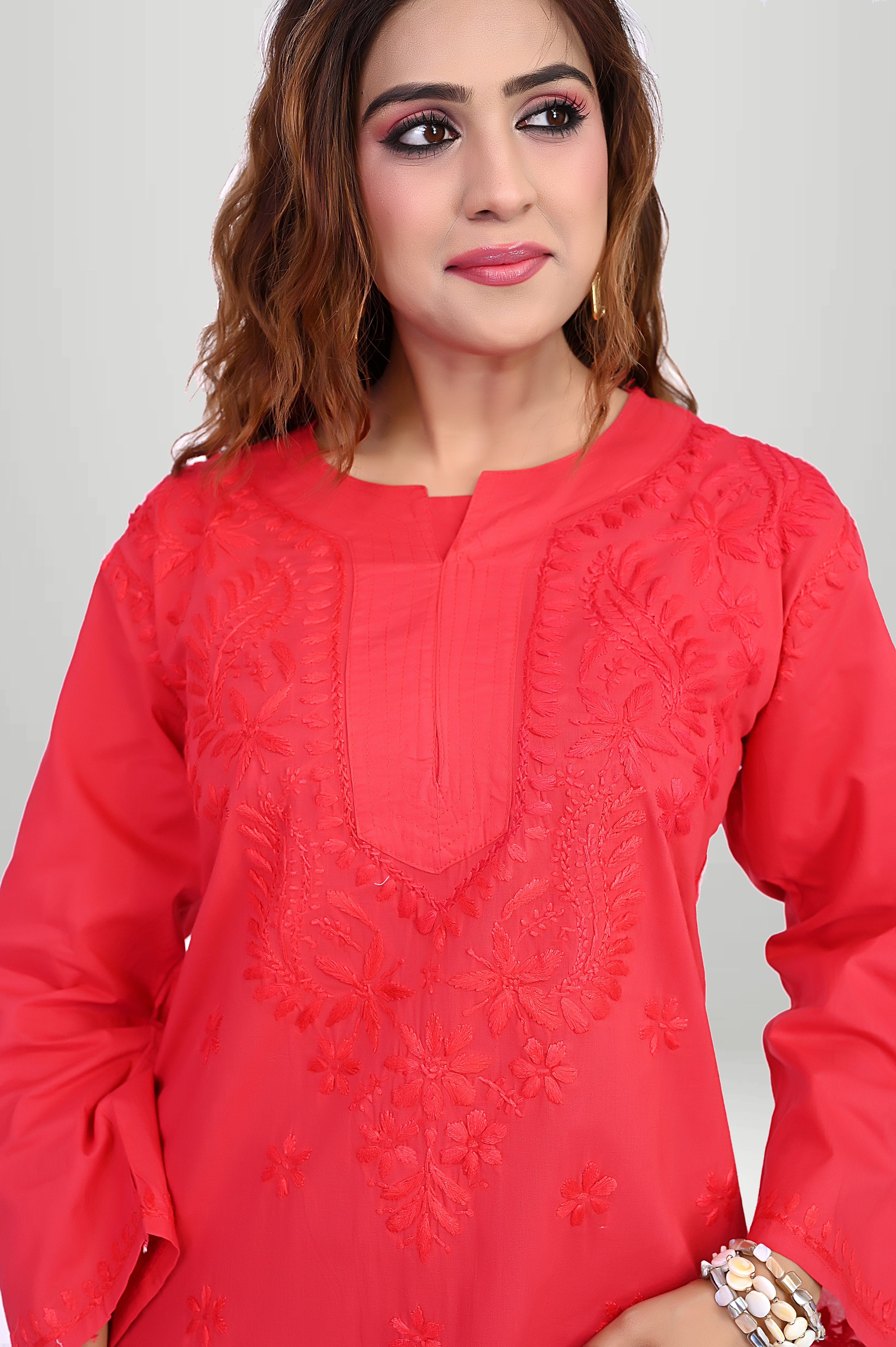 Red Chikankari Short Kurti - COTTAN | virtuore