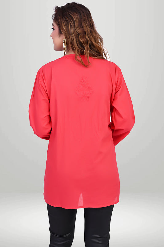 Red Chikankari Short Kurti - COTTAN | virtuore