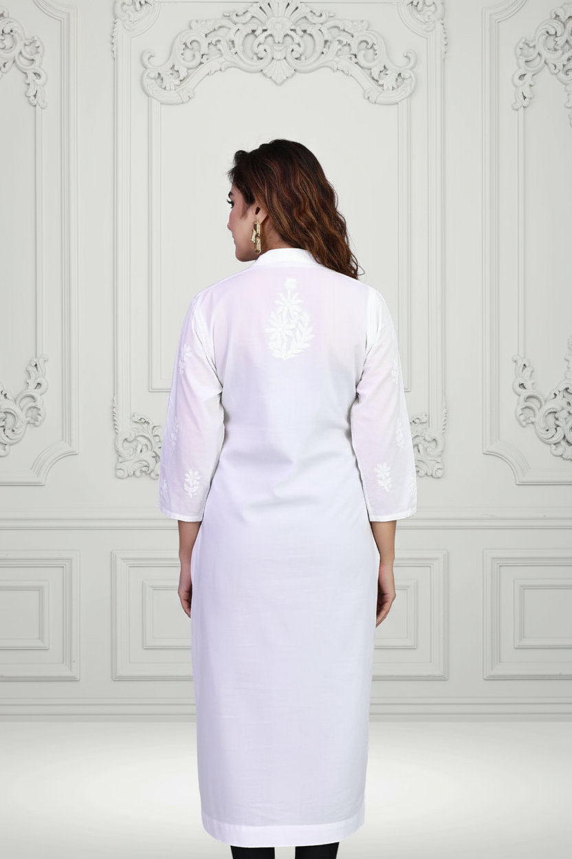 White Chikankari Cotton Kurti – Embroidered Tunic