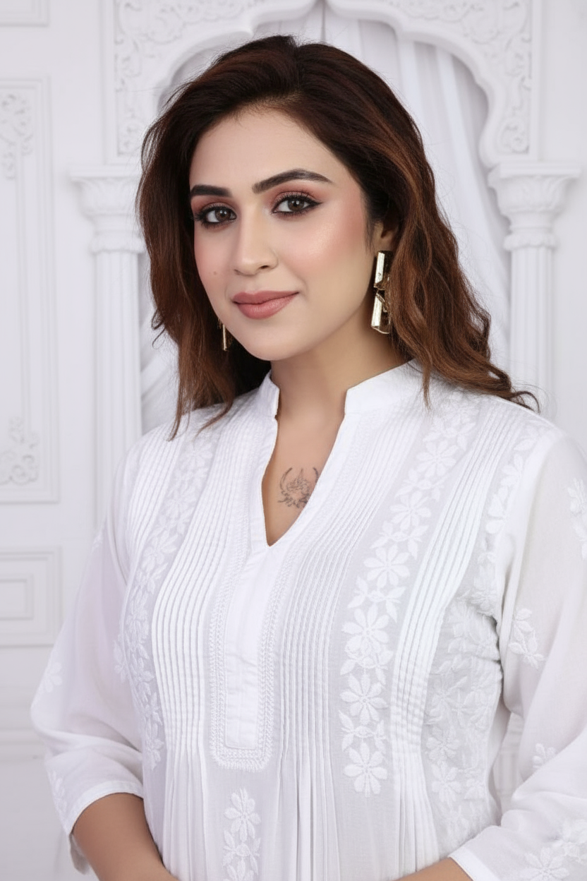 White Chikankari Cotton Kurti – Embroidered Tunic
