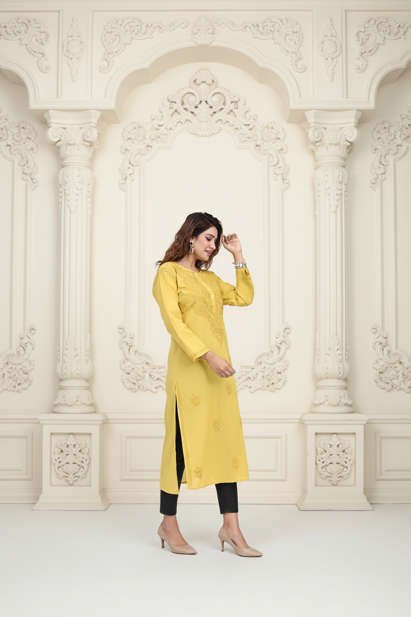 Mustard Yellow Embroidered Cotton Kurti