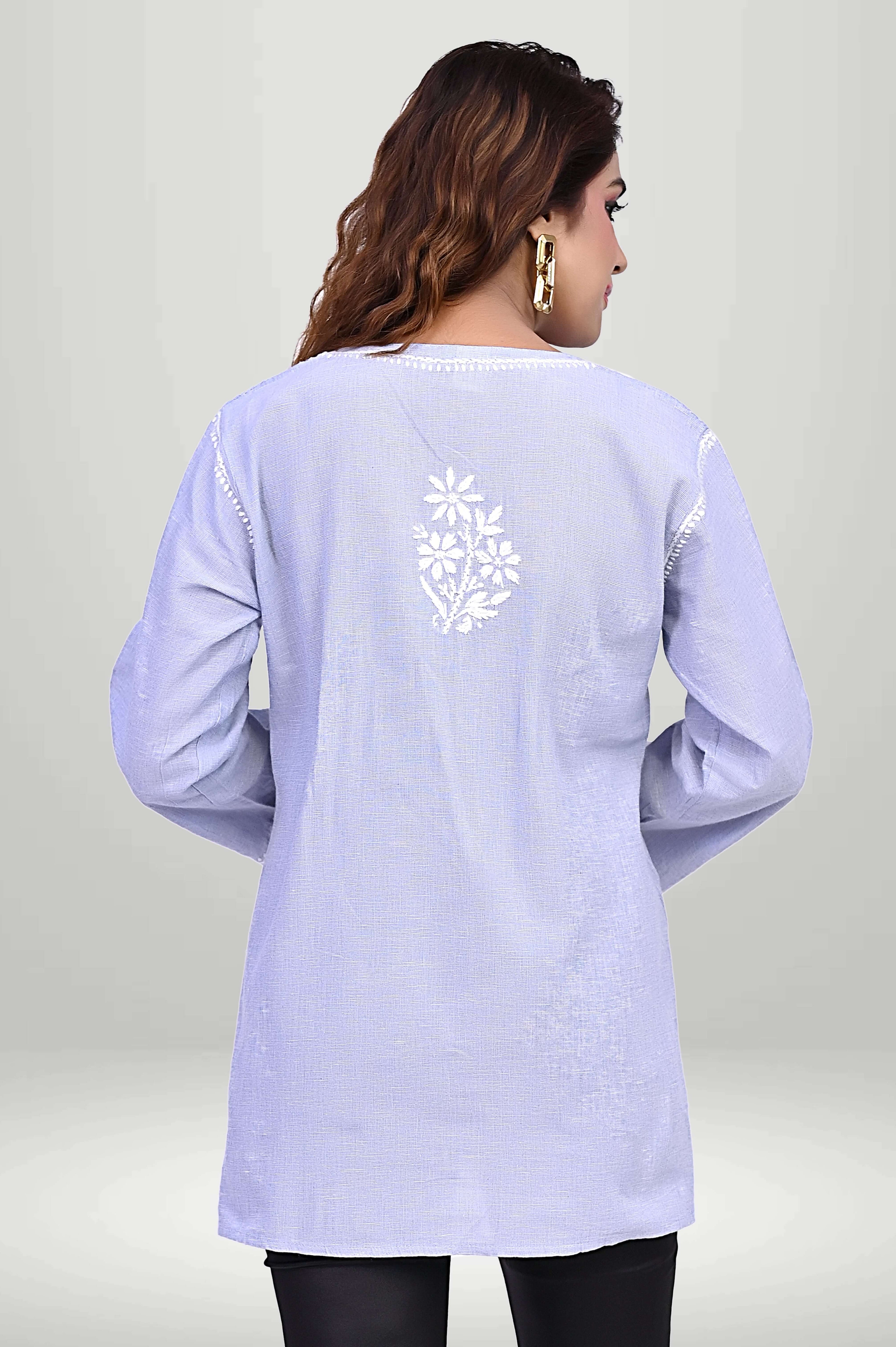Lavender Cotton Embroidered Short Kurti | virtuore chikankari