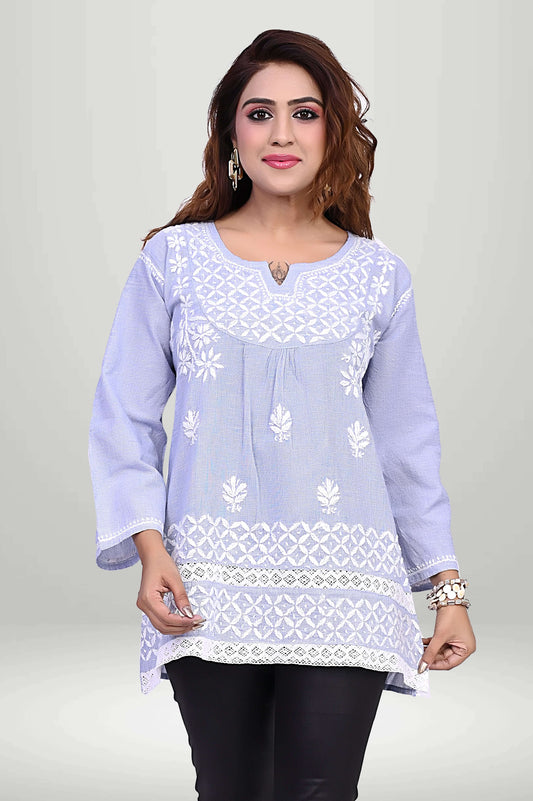 Lavender Cotton Embroidered Short Kurti | virtuore chikankari