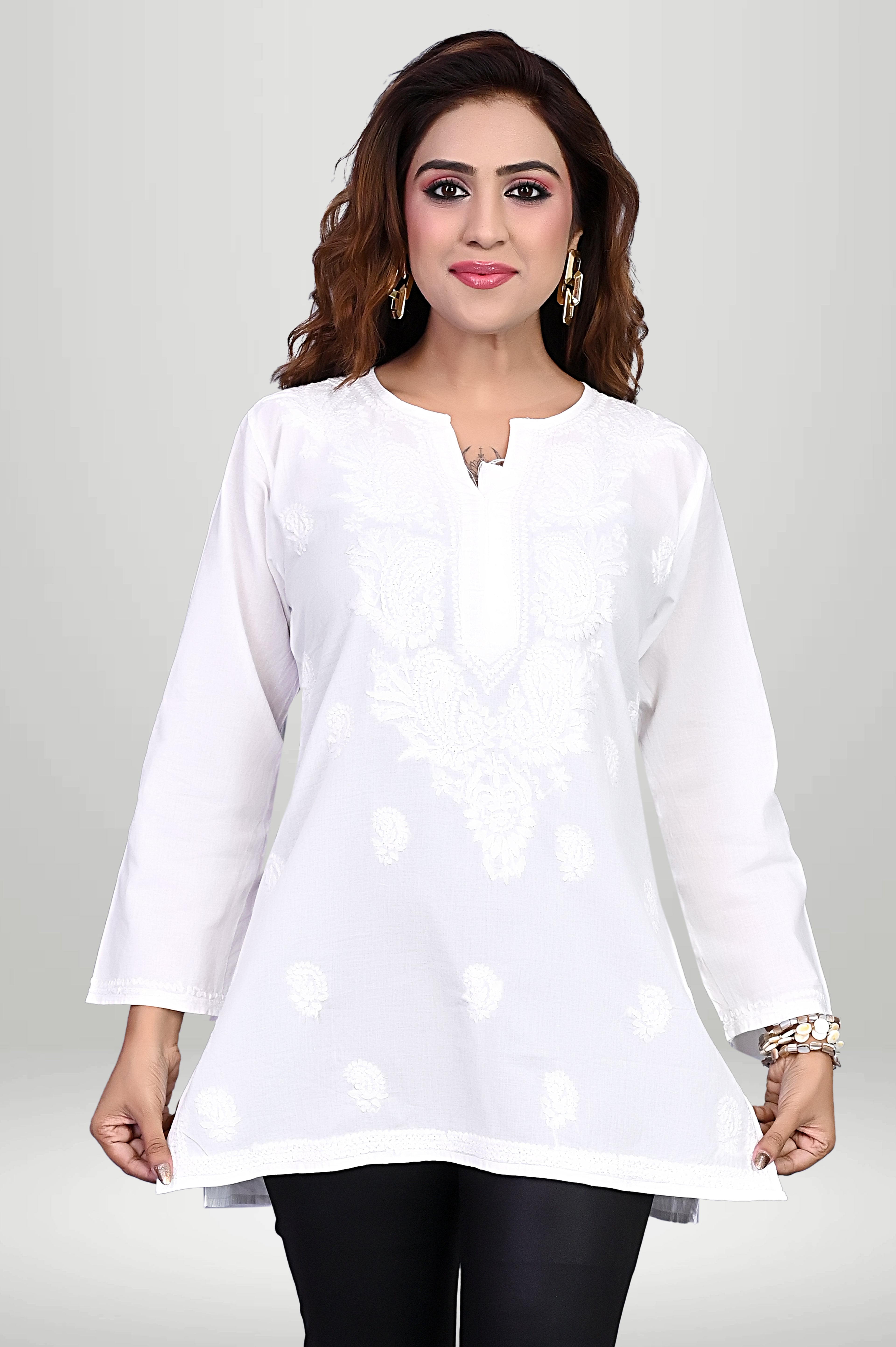 Pure White Chikankari Cotton Embroidered Short Kurti |virtuore