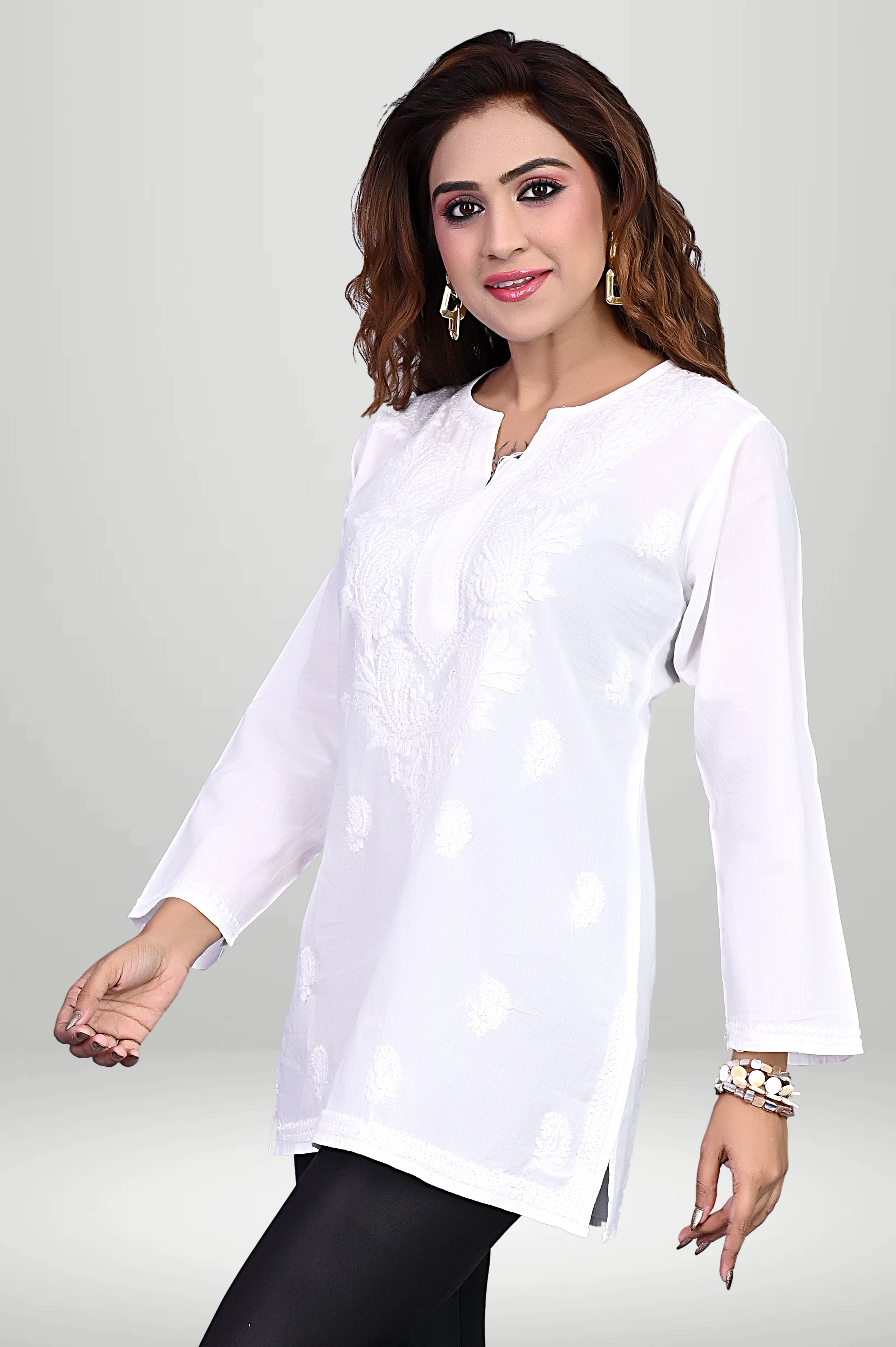 Pure White Chikankari Cotton Embroidered Short Kurti |virtuore