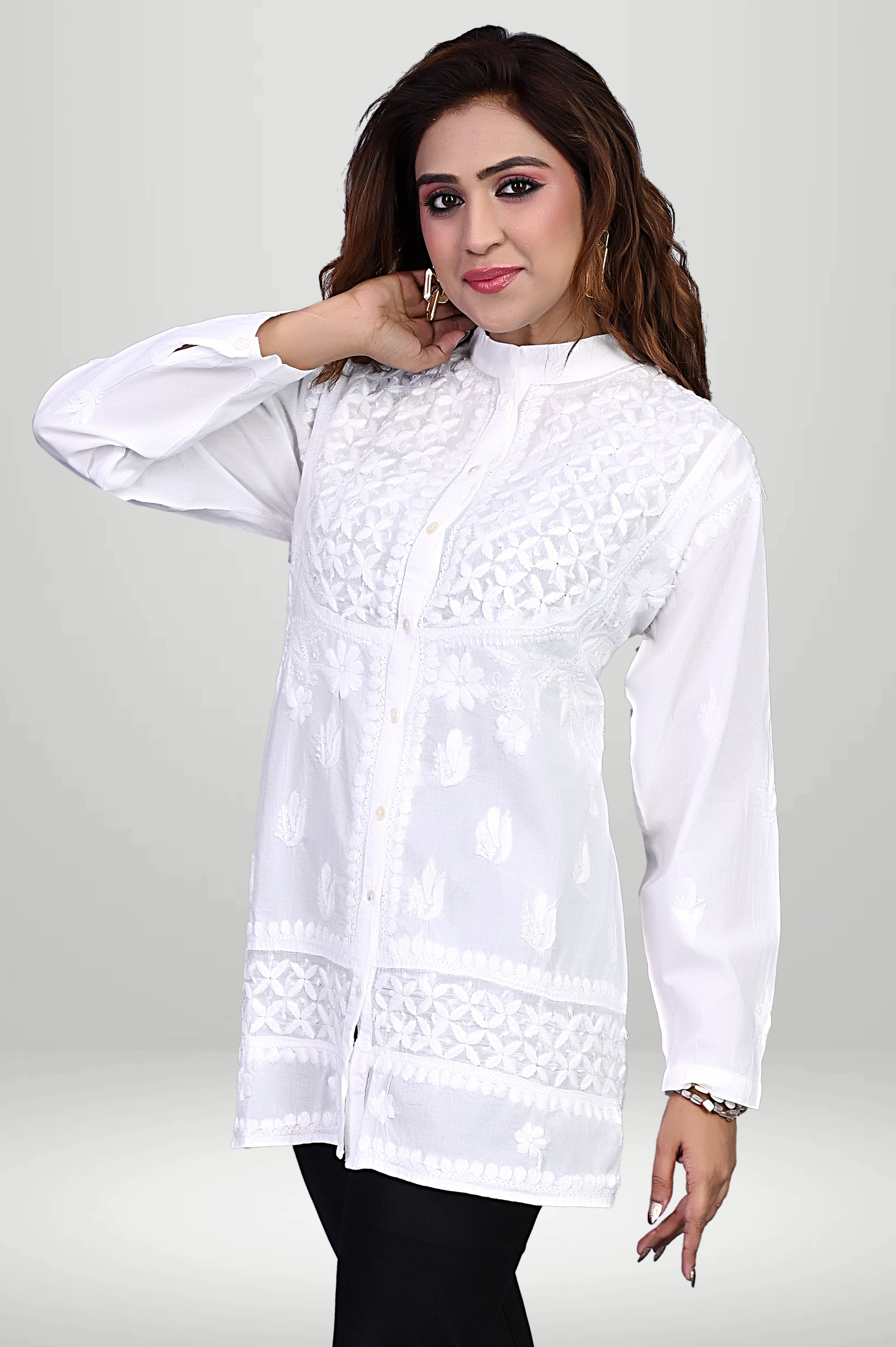 White Front-Open Chikankari Kurti with Mandarin Collar |bviruore