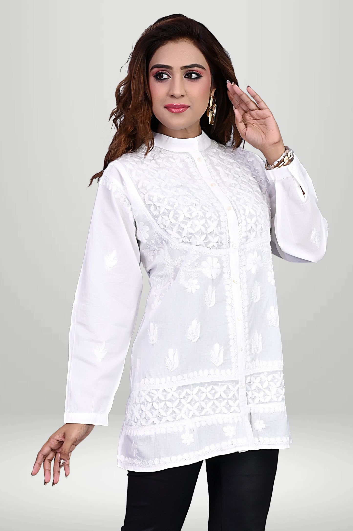 White Front-Open Chikankari Kurti with Mandarin Collar |bviruore