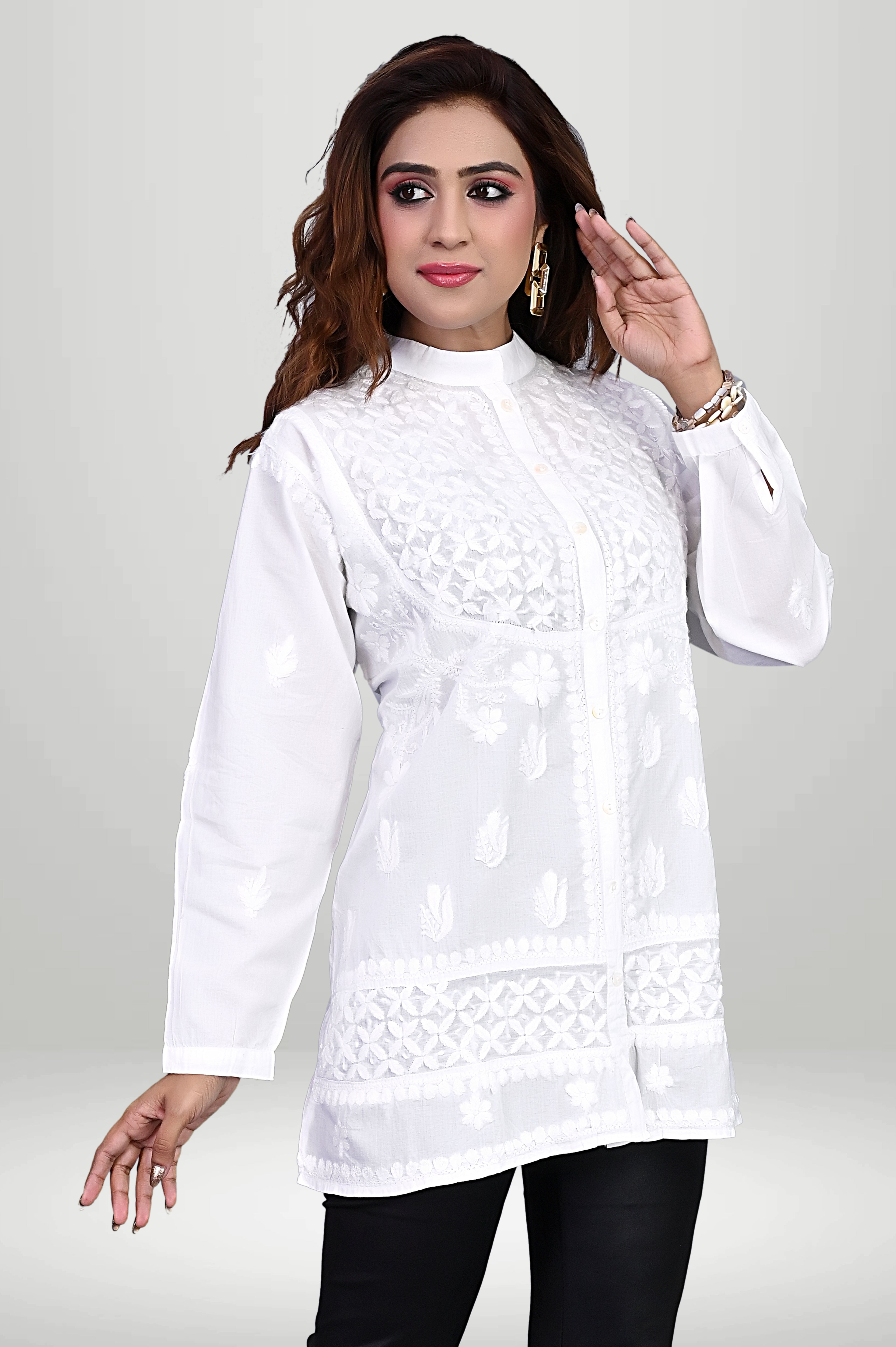 White Front-Open Chikankari Kurti with Mandarin Collar |bviruore