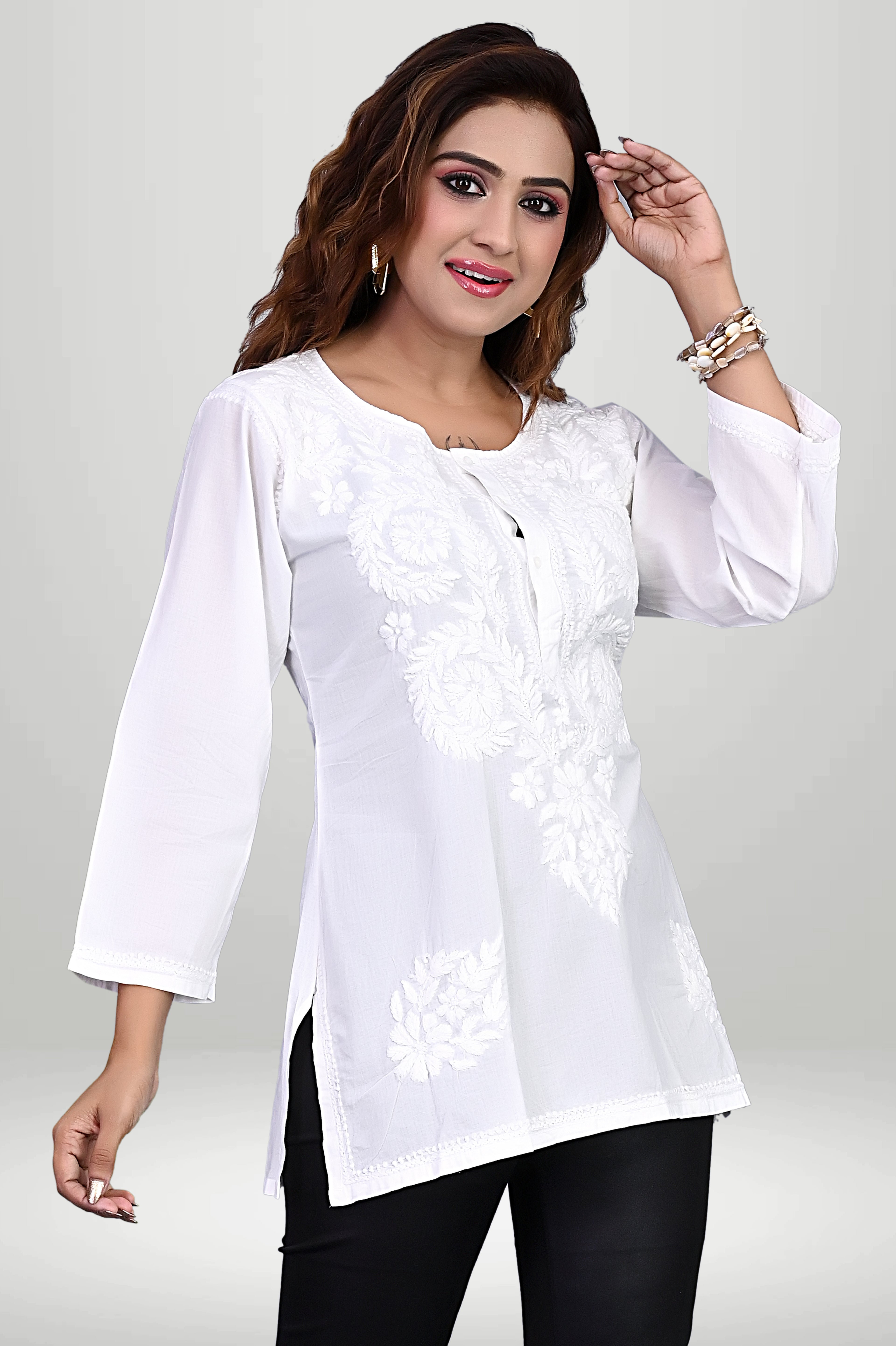 White Floral Chikankari Short Kurti with Side Slits |virtuore