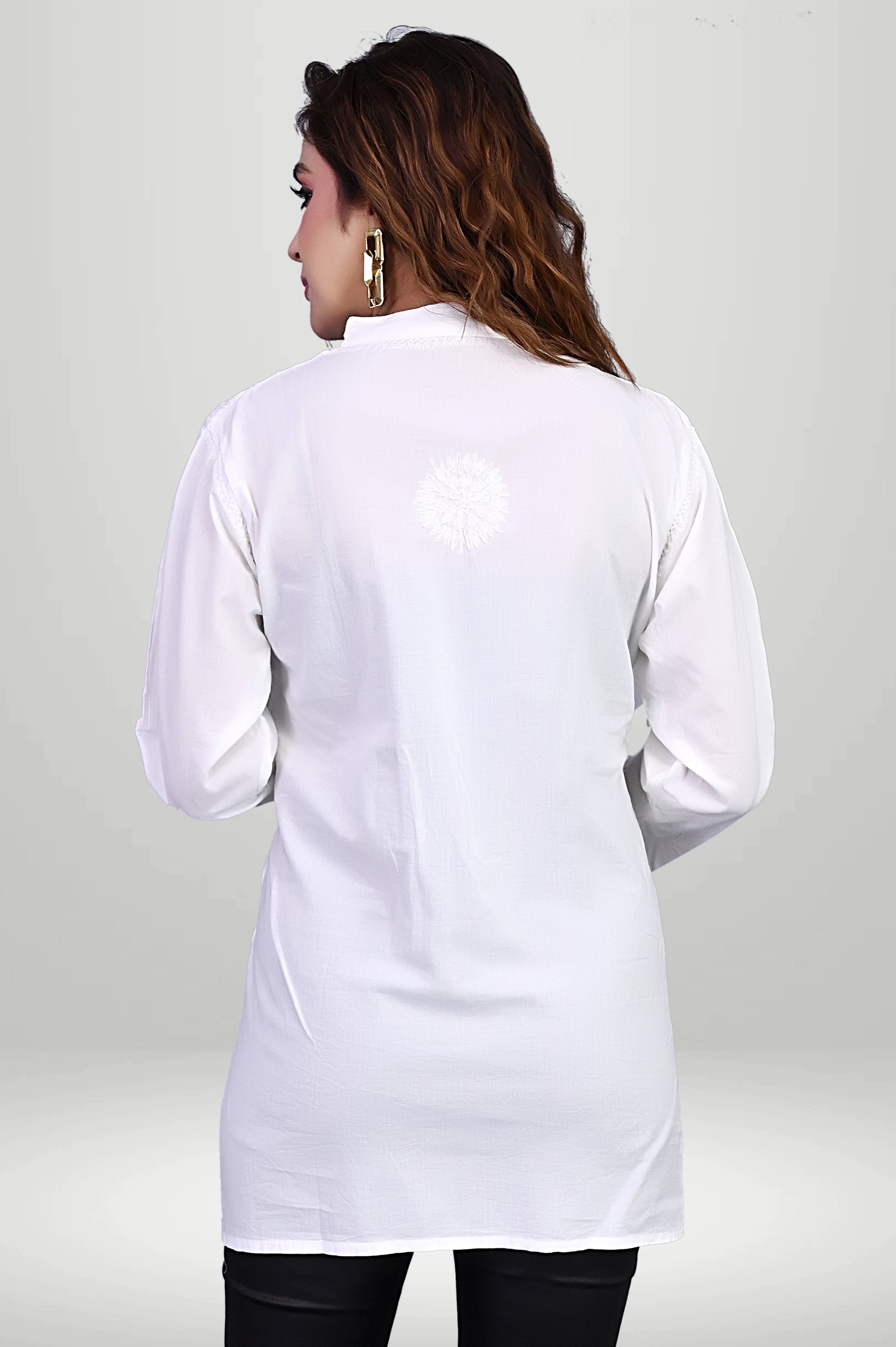 White Chikankari Cotton Button-Down Kurti | virtuore