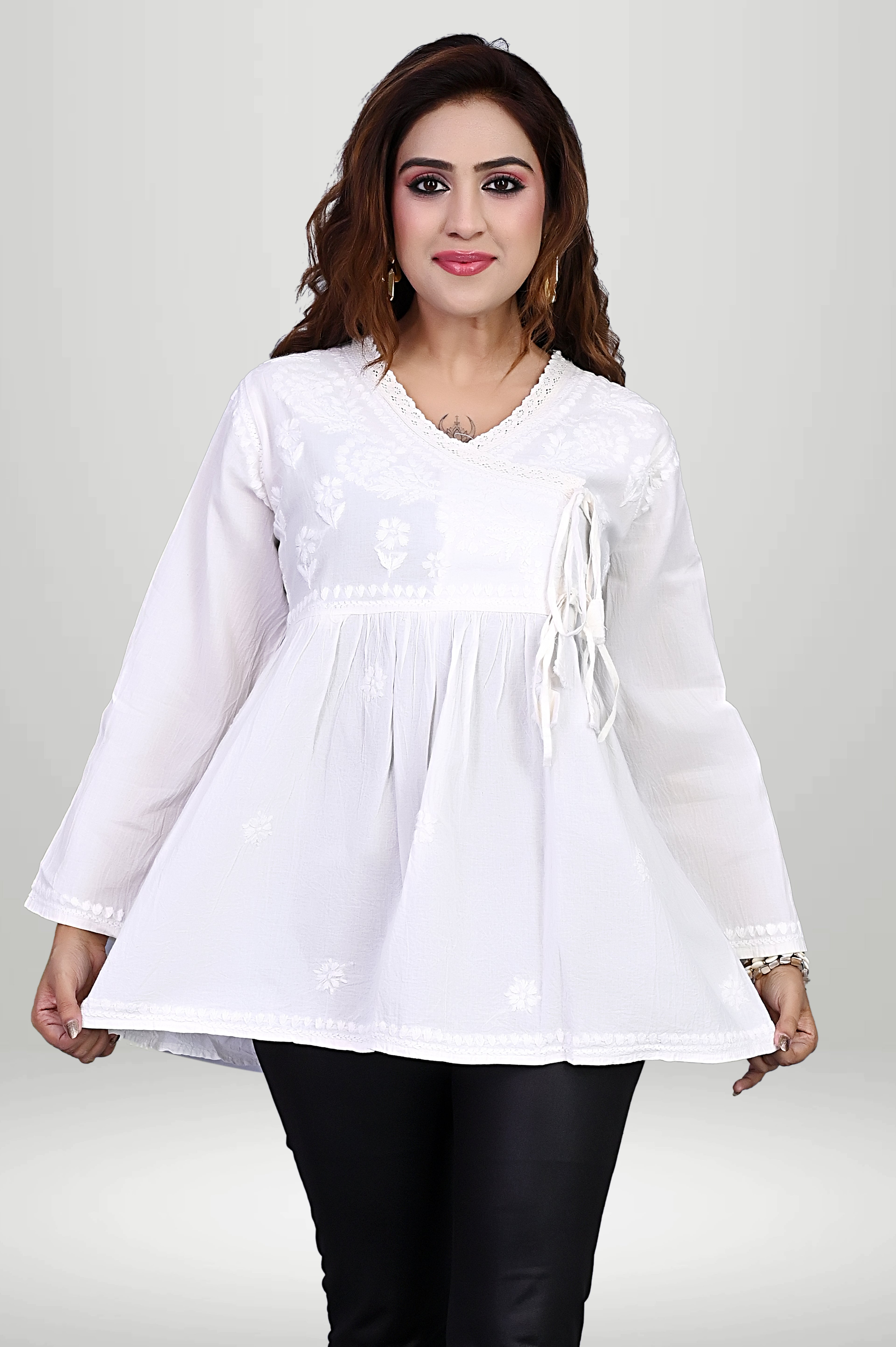 White Wrap-Style Chikankari Kurti cottan | virtuore