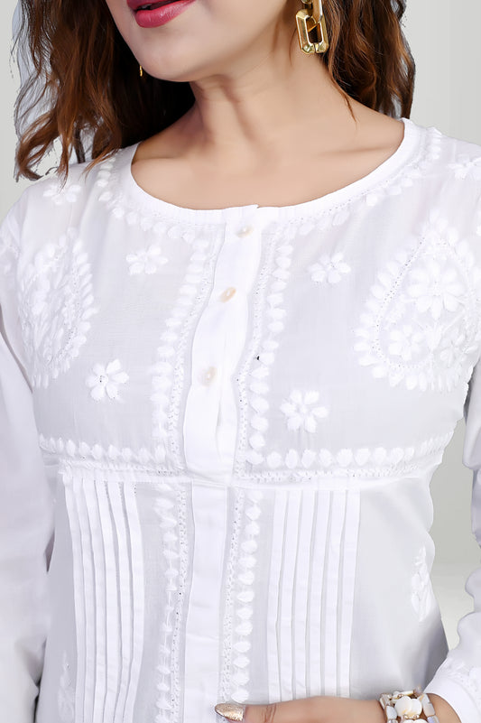 White Handcrafted Pintuck Chikankari Cotton Kurti |virtuore