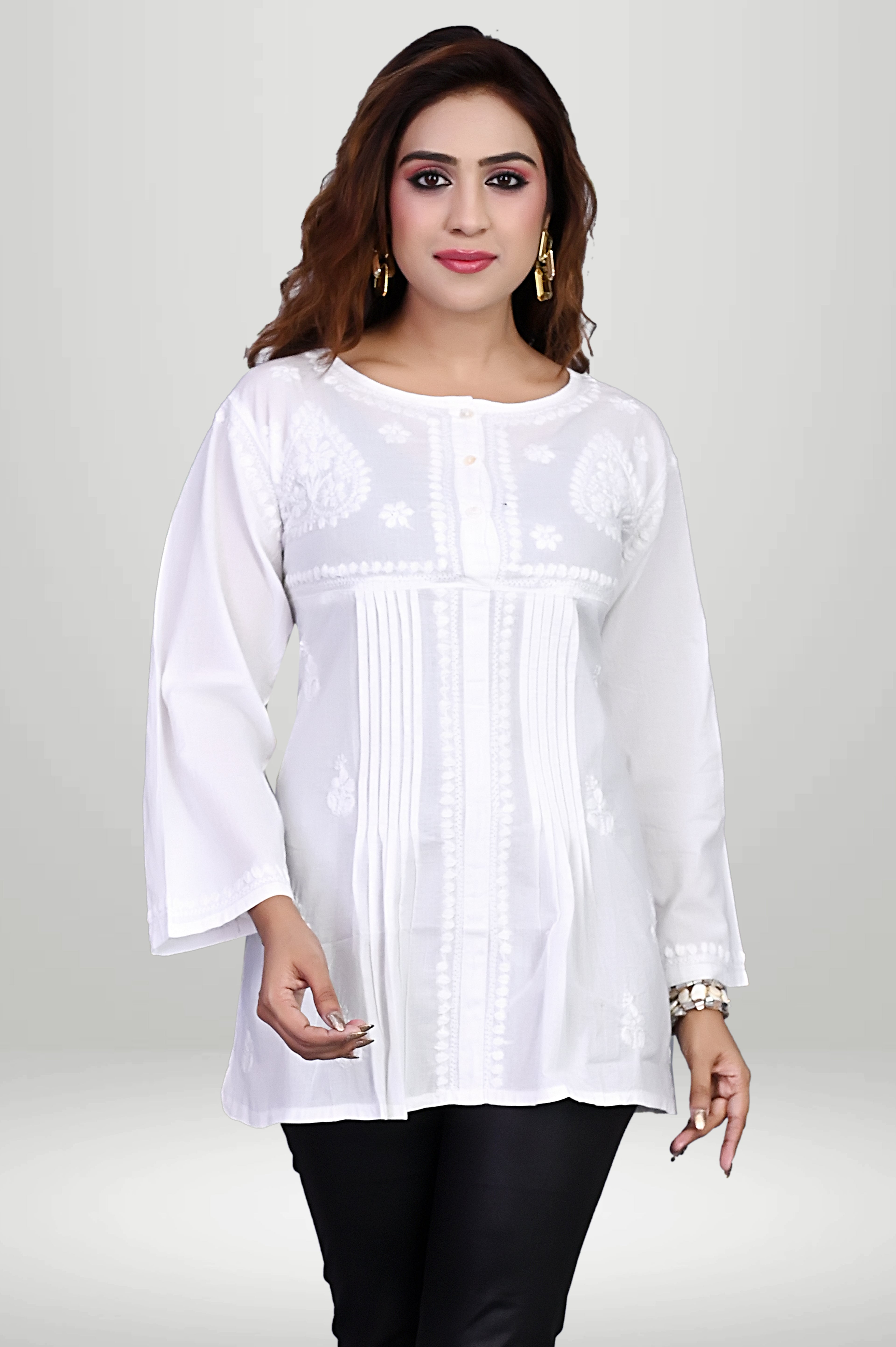 White Handcrafted Pintuck Chikankari Cotton Kurti |virtuore