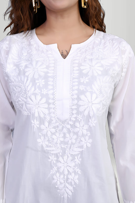 White Straight-Cut Chikankari Kurti – Pure Cotton Comfort | virtuore