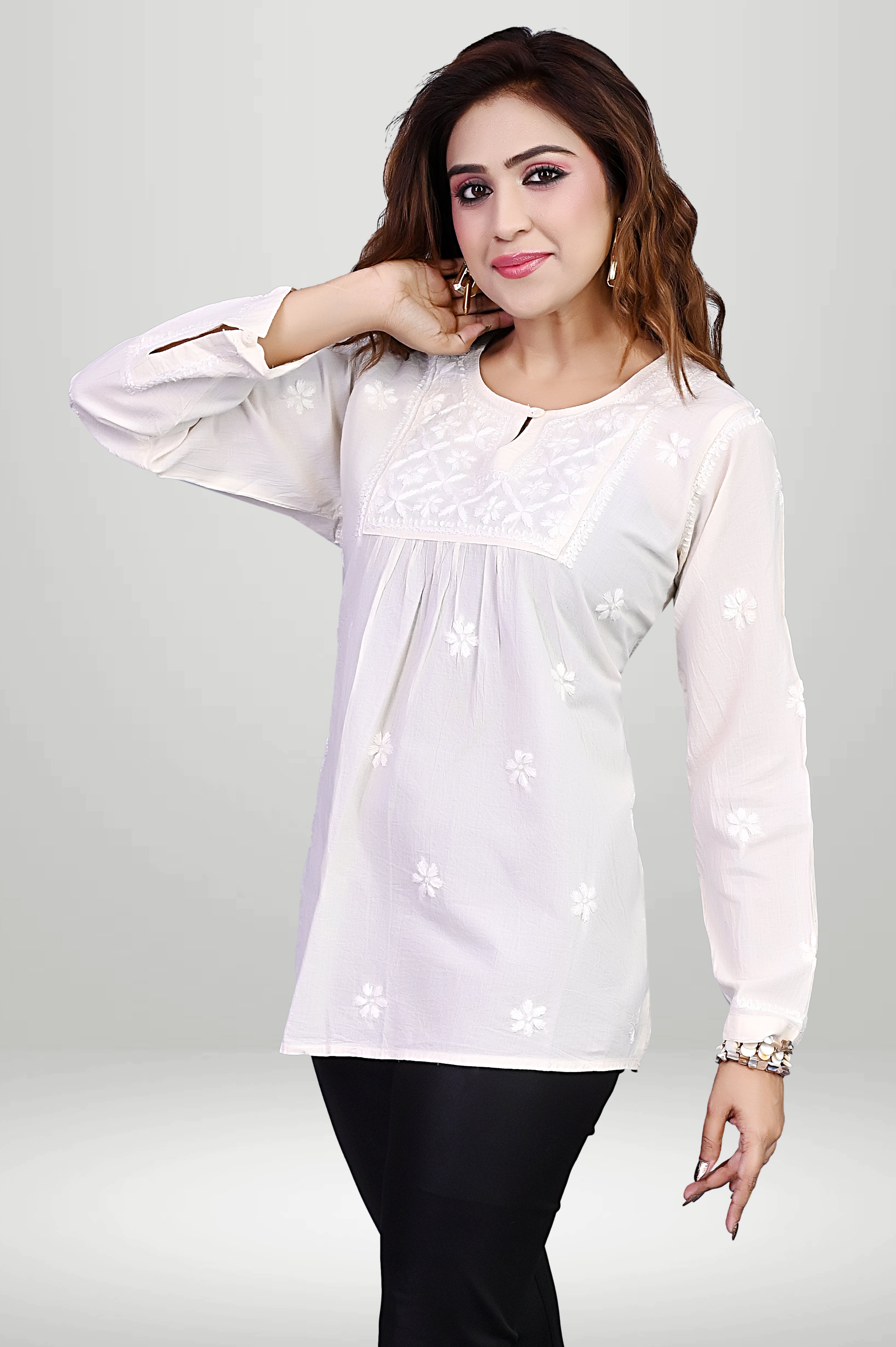 Floral Chikankari Short Kurti- Breathable cottan| virtuore