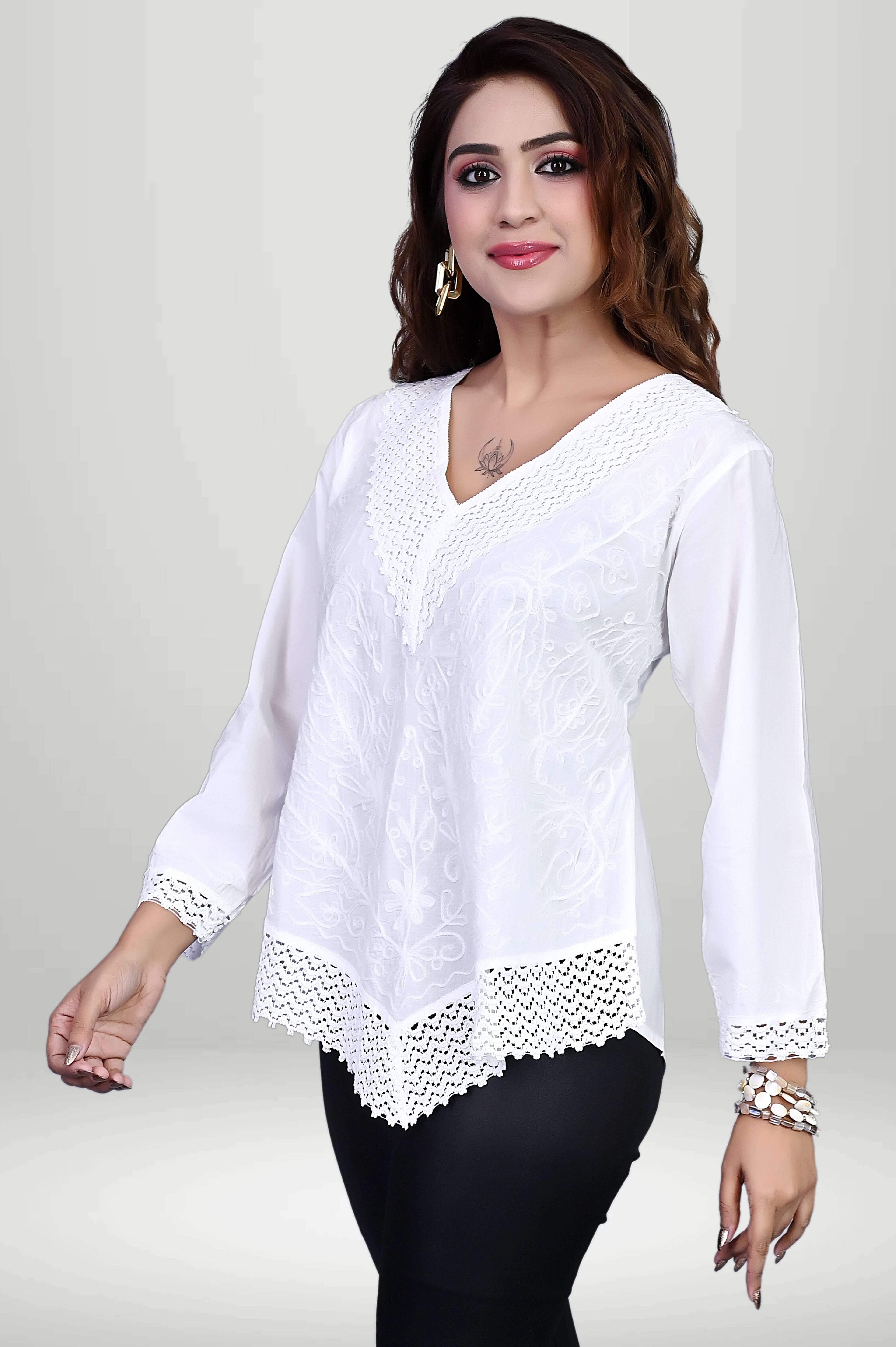 Short White Chikankari Cotton Top | virtuore