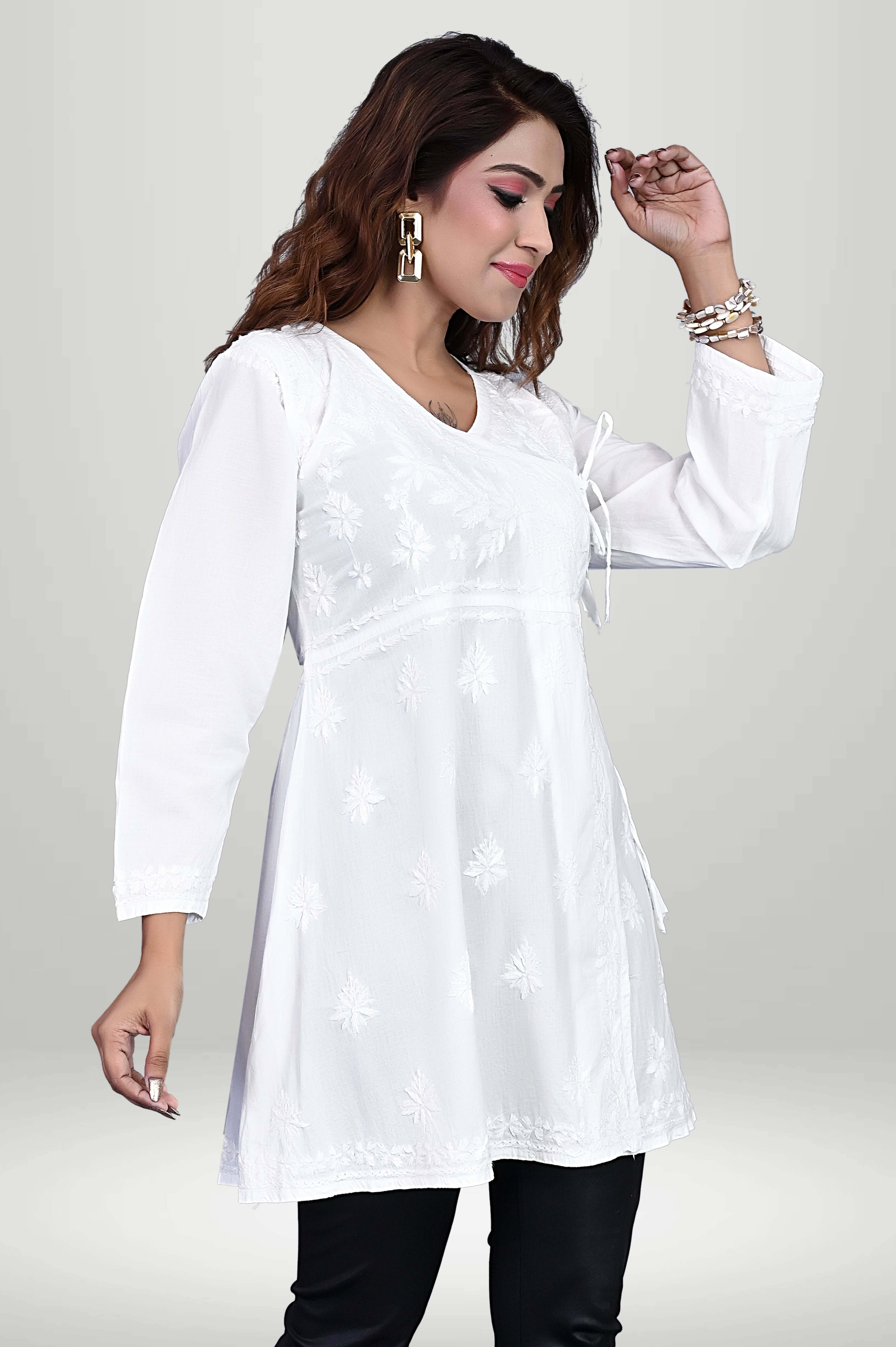Elegant White Angrakha-Style Chikankari Kurti | virtuore
