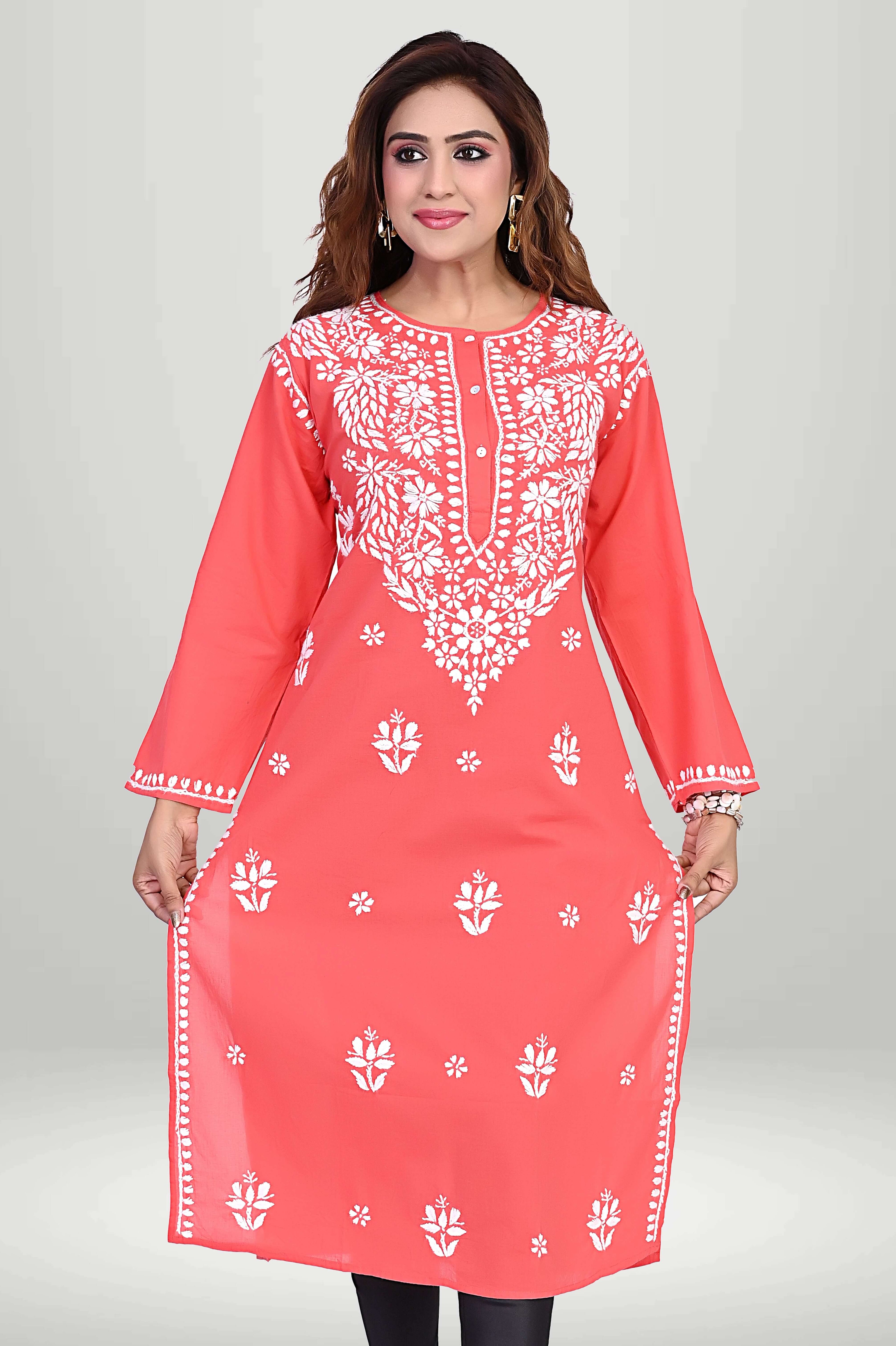 Coral Red Chikankari Kurti – Lucknowi Floral | VIRTUORE