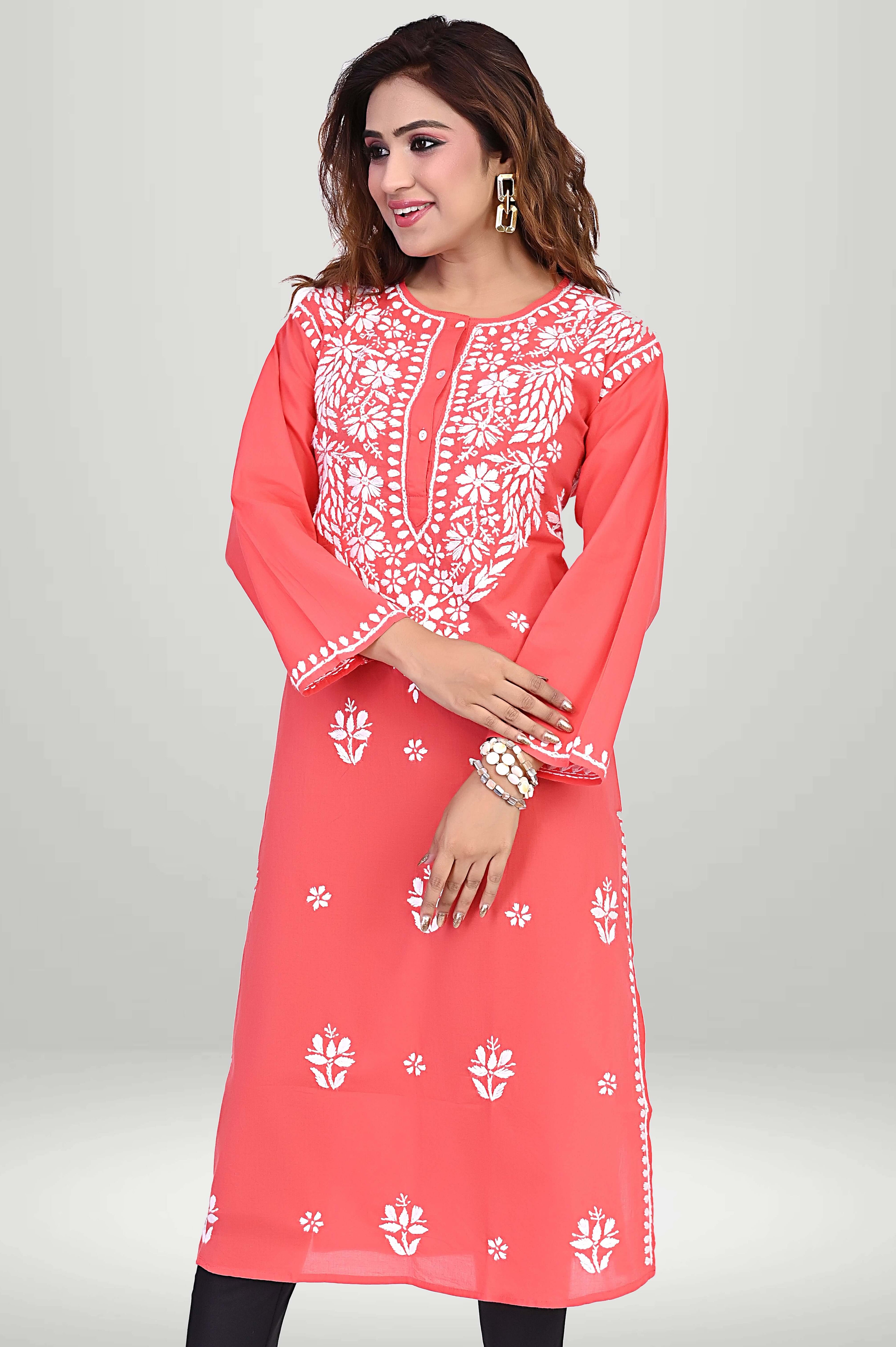 Coral Red Chikankari Kurti – Lucknowi Floral | VIRTUORE