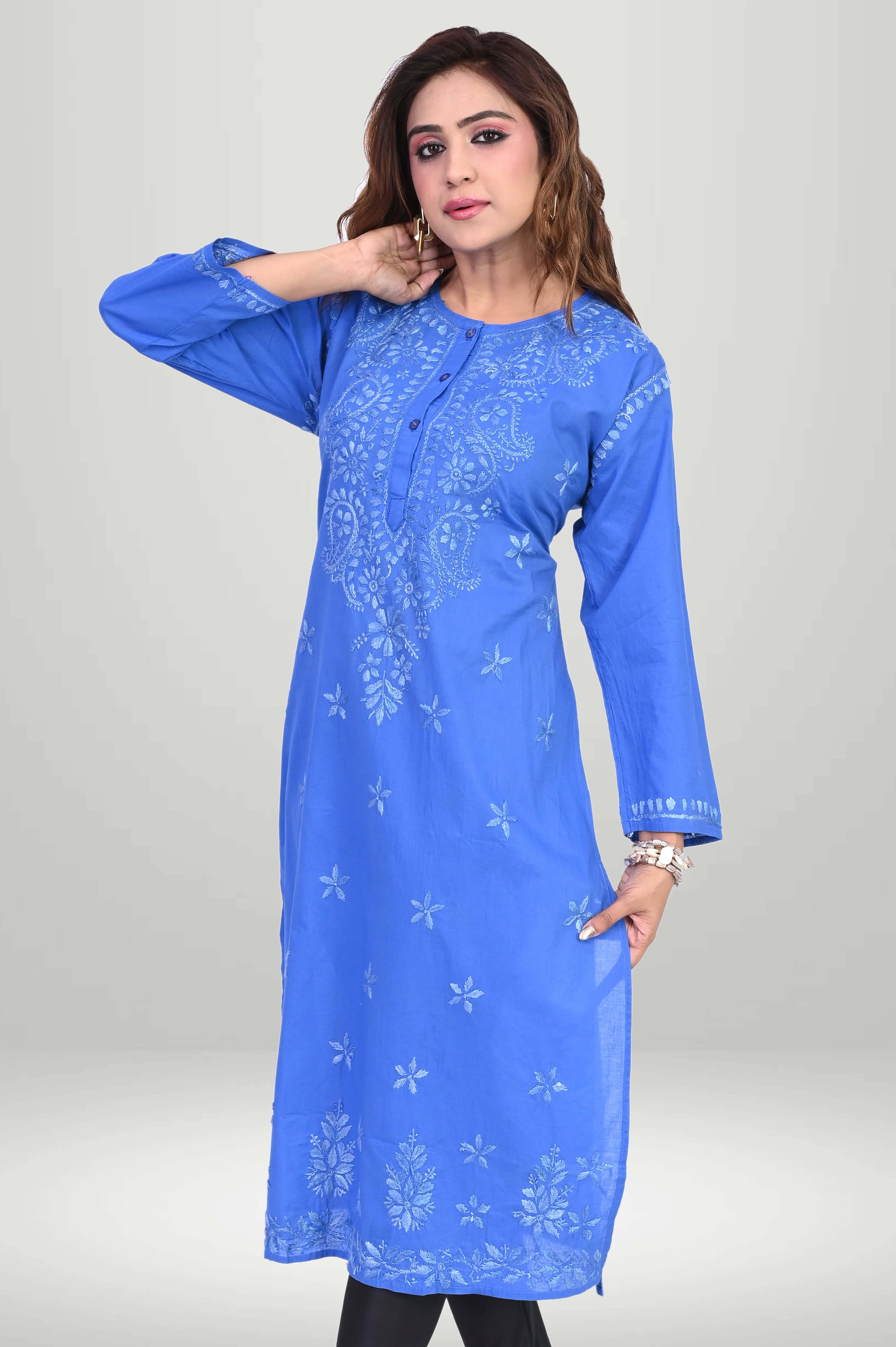Royal Blue Chikankari Kurti - Cotton | VIRTUORE
