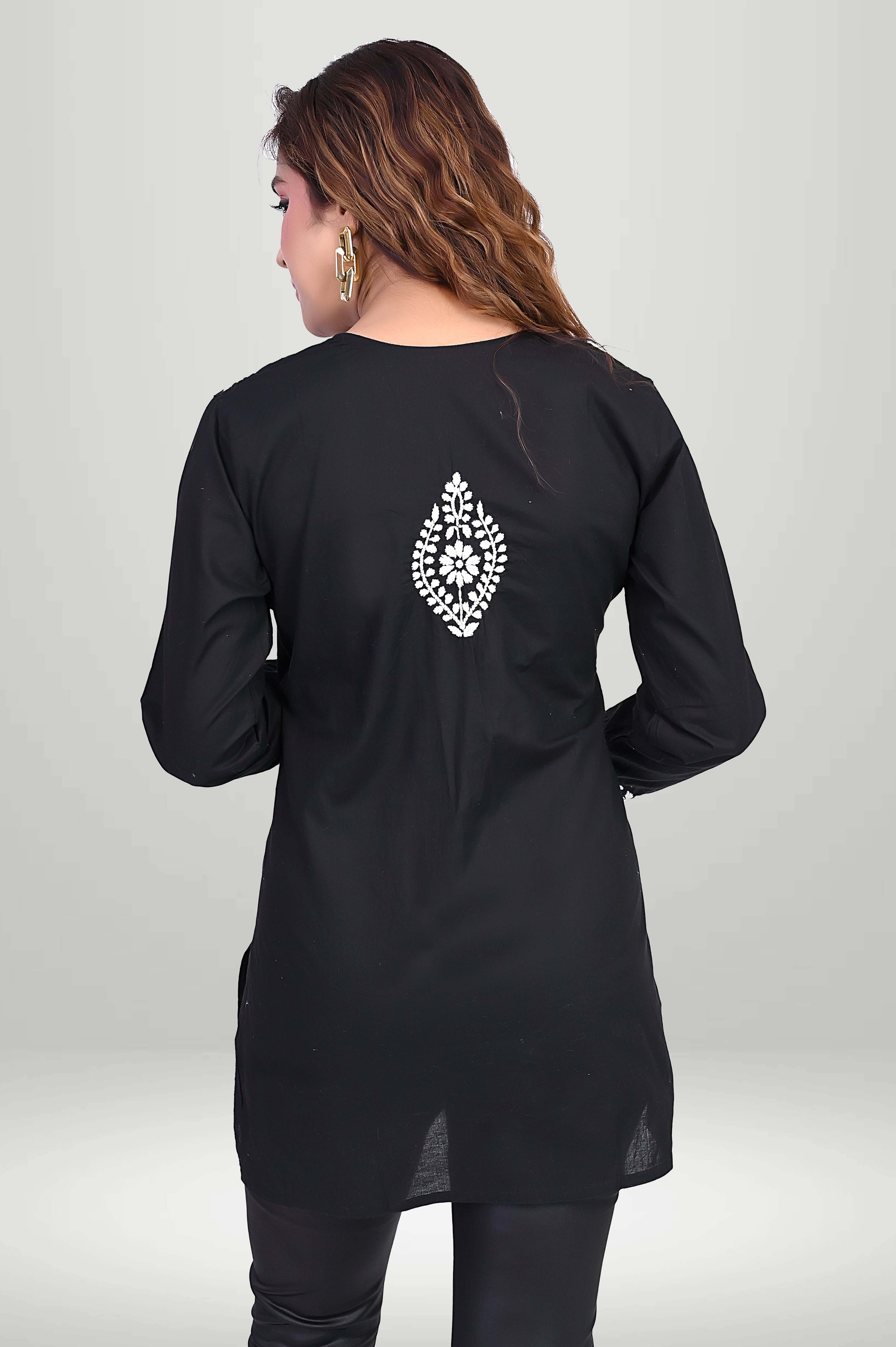 Black Chikankari Short Kurti – White Floral Motifs | virtuore