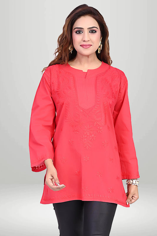 Red Chikankari Short Kurti - COTTAN | virtuore