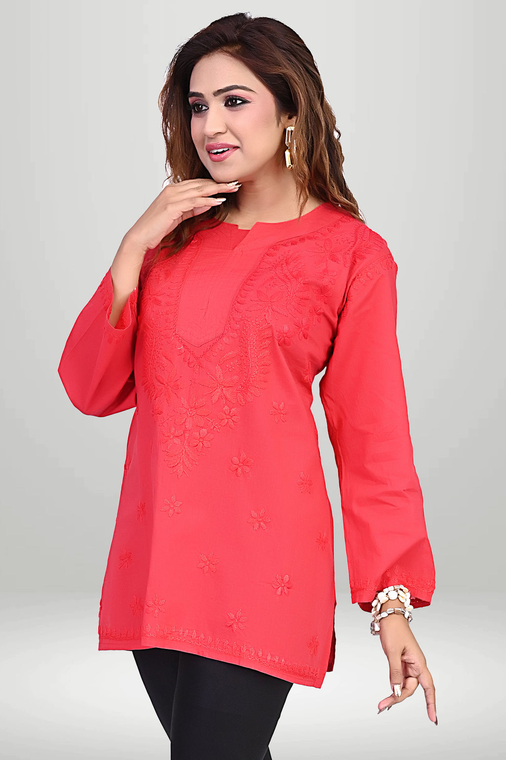 Red Chikankari Short Kurti - COTTAN | virtuore