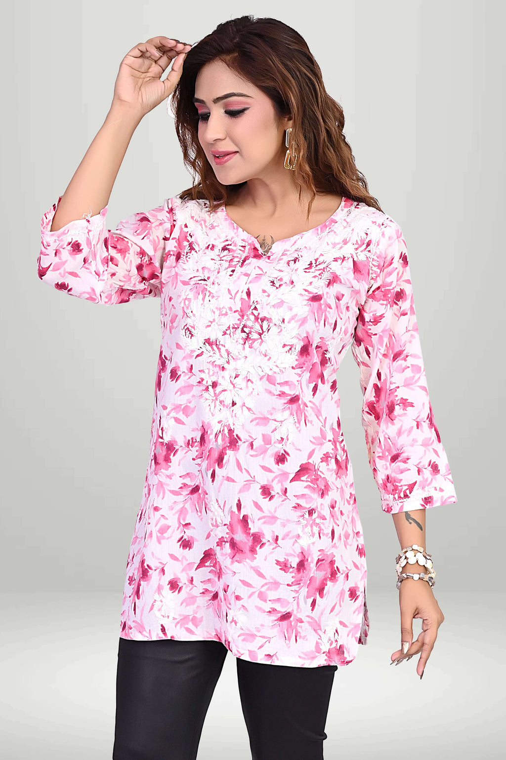 Pink Floral Cotton Short Kurti Top – Soft Printed |virtuore