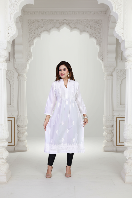 White Chikankari Cotton Kurti – Embroidered Tunic