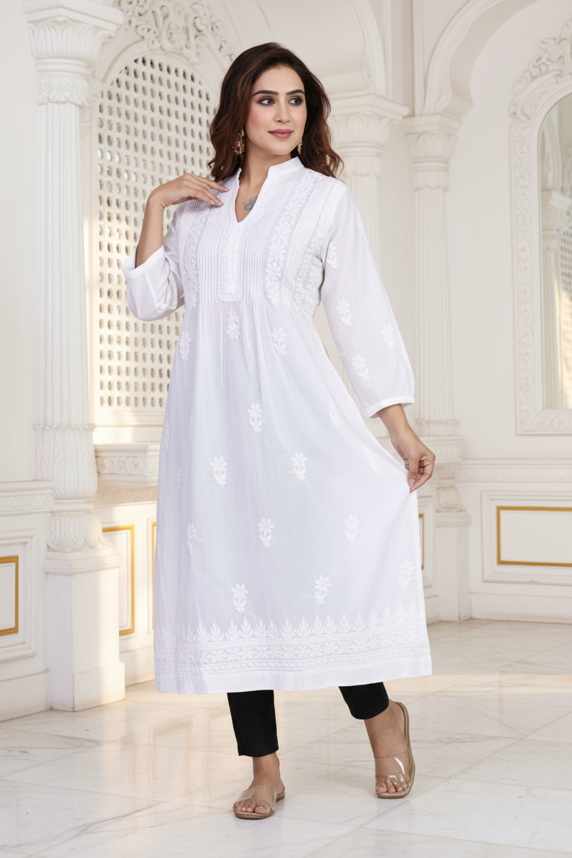 White Chikankari Cotton Kurti – Embroidered Tunic