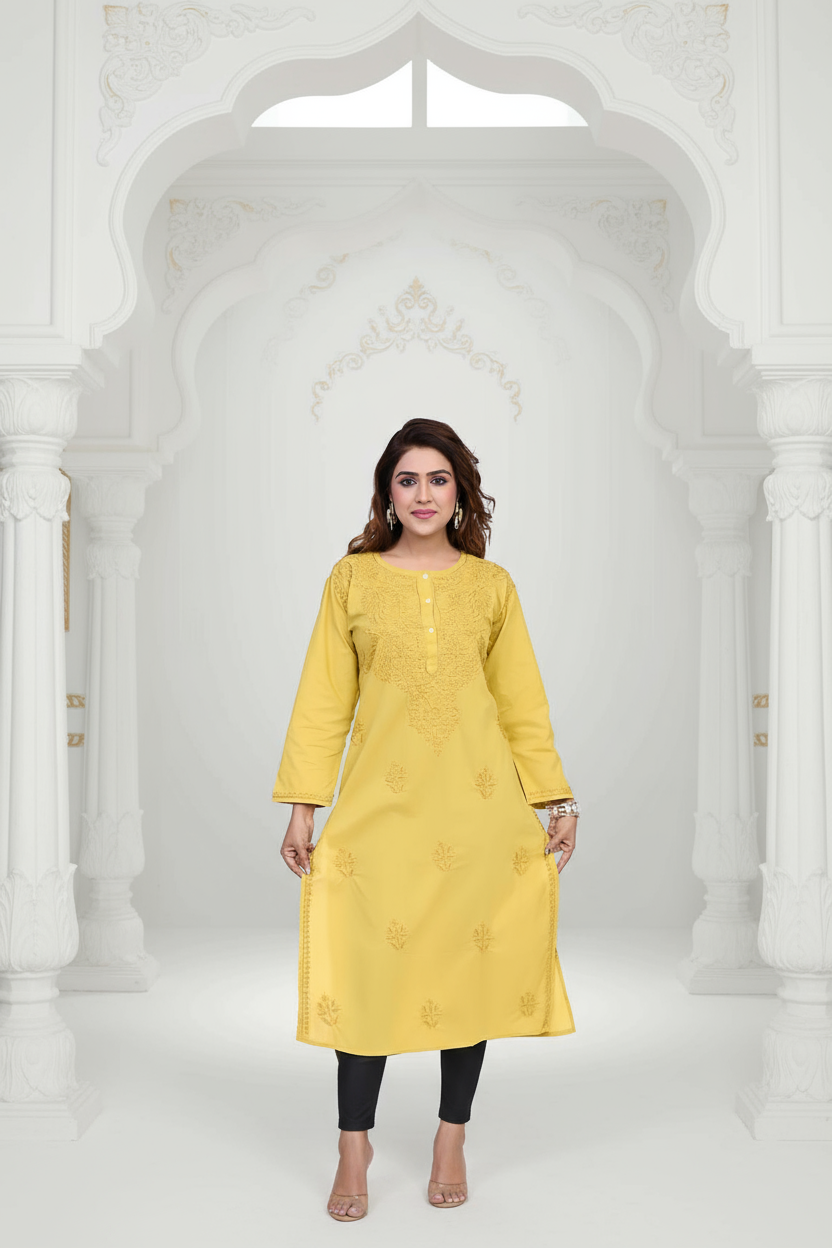 Mustard Yellow Embroidered Cotton Kurti