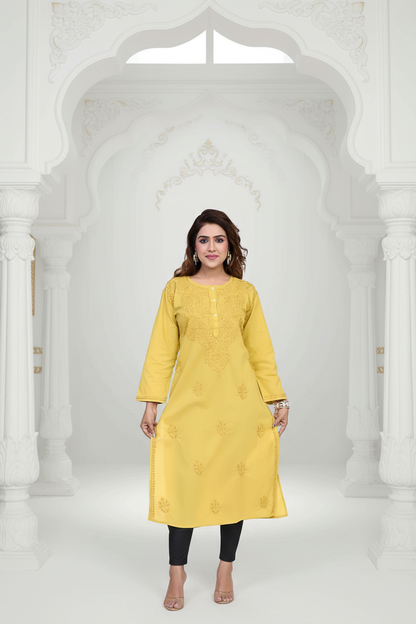 Mustard Yellow Embroidered Cotton Kurti