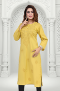 Mustard Yellow Embroidered Cotton Kurti