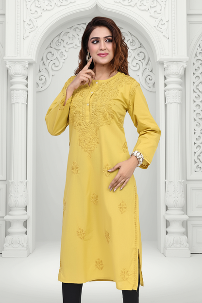Mustard Yellow Embroidered Cotton Kurti