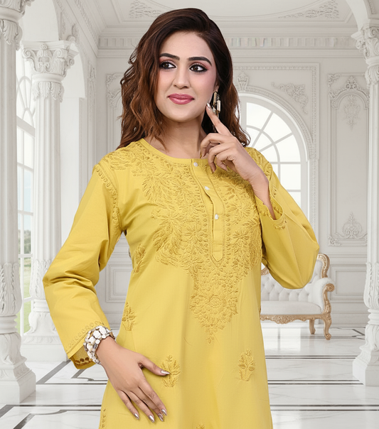 Mustard Yellow Embroidered Cotton Kurti