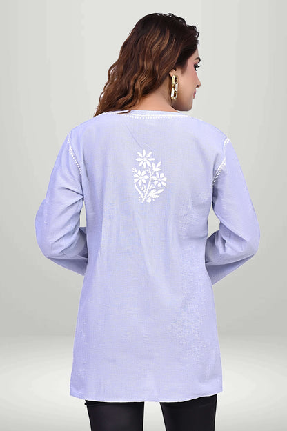 Lavender Cotton Embroidered Short Kurti | virtuore chikankari