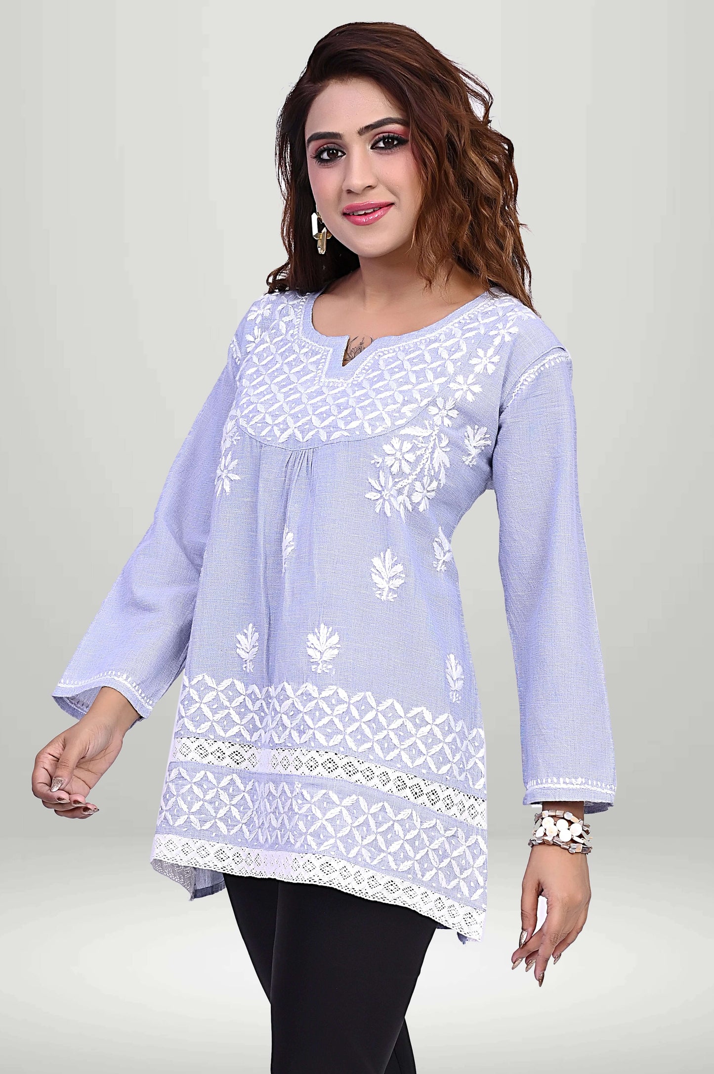 Lavender Cotton Embroidered Short Kurti | virtuore chikankari