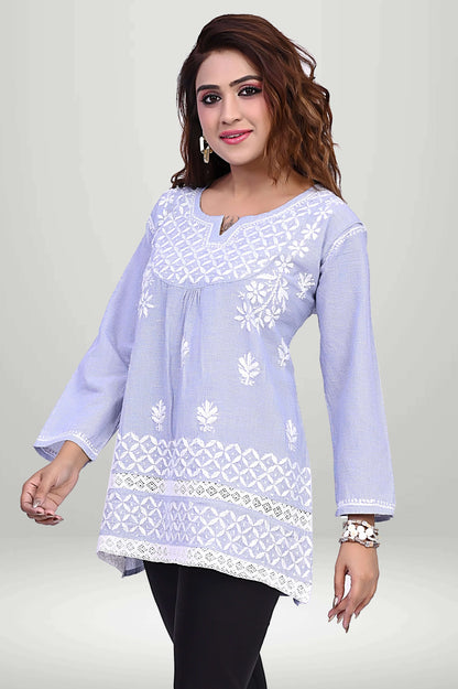 Lavender Cotton Embroidered Short Kurti | virtuore chikankari