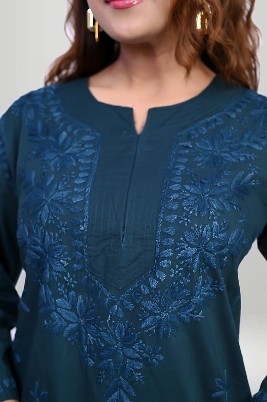 Teal Green Chikankari Embroidered Short Kurti | virtuore