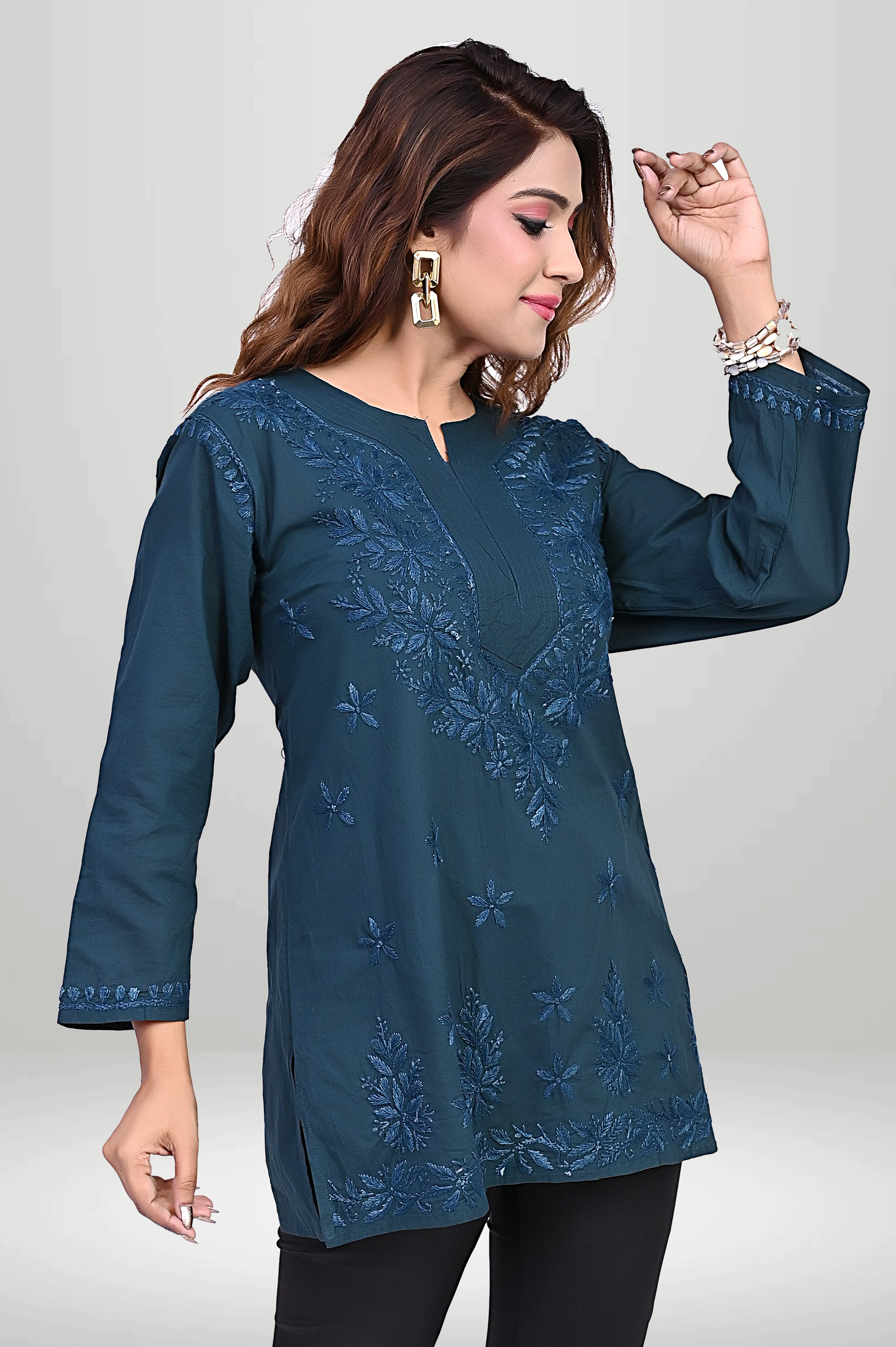 Teal Green Chikankari Embroidered Short Kurti | virtuore