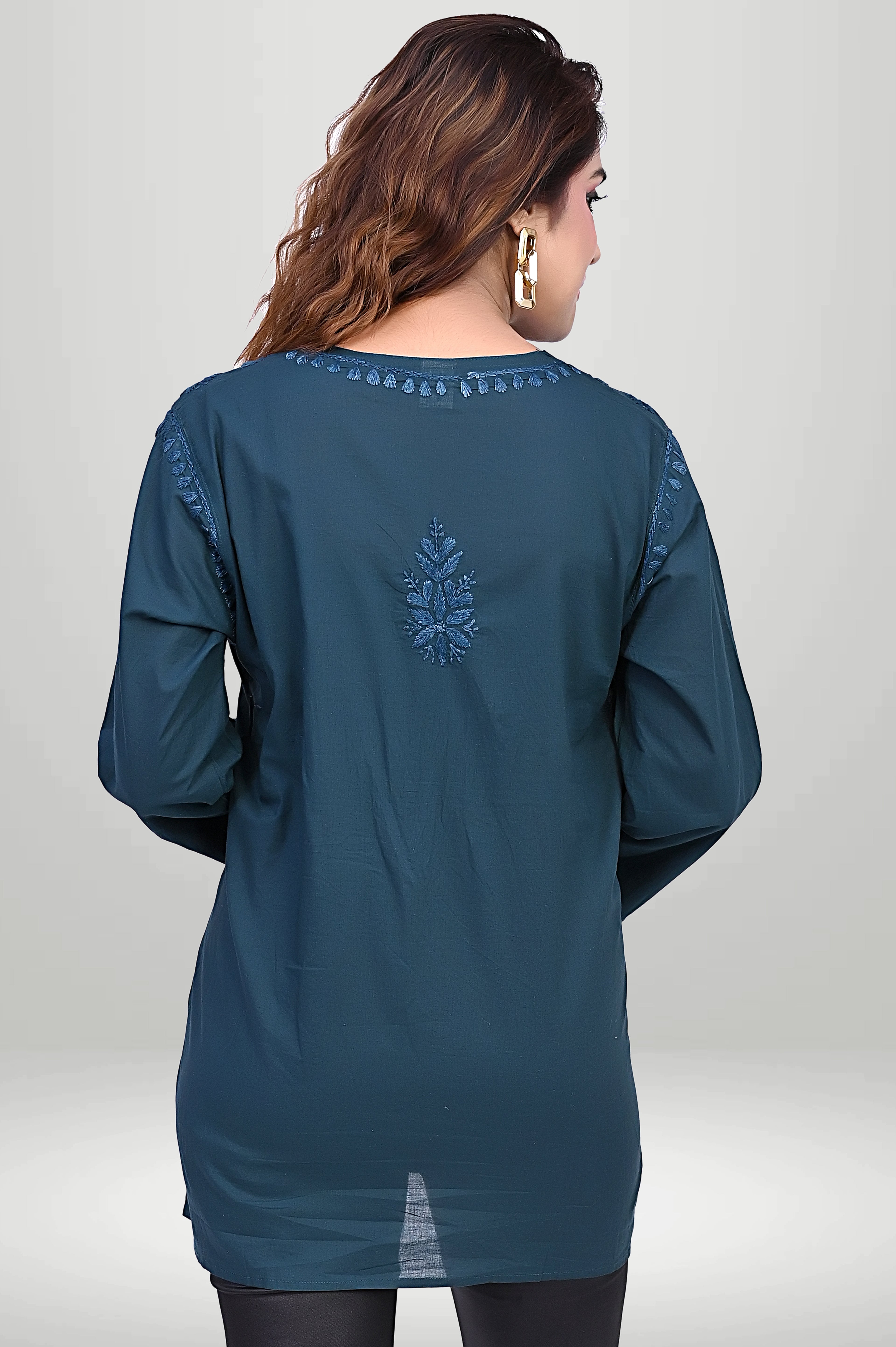 Teal Green Chikankari Embroidered Short Kurti | virtuore