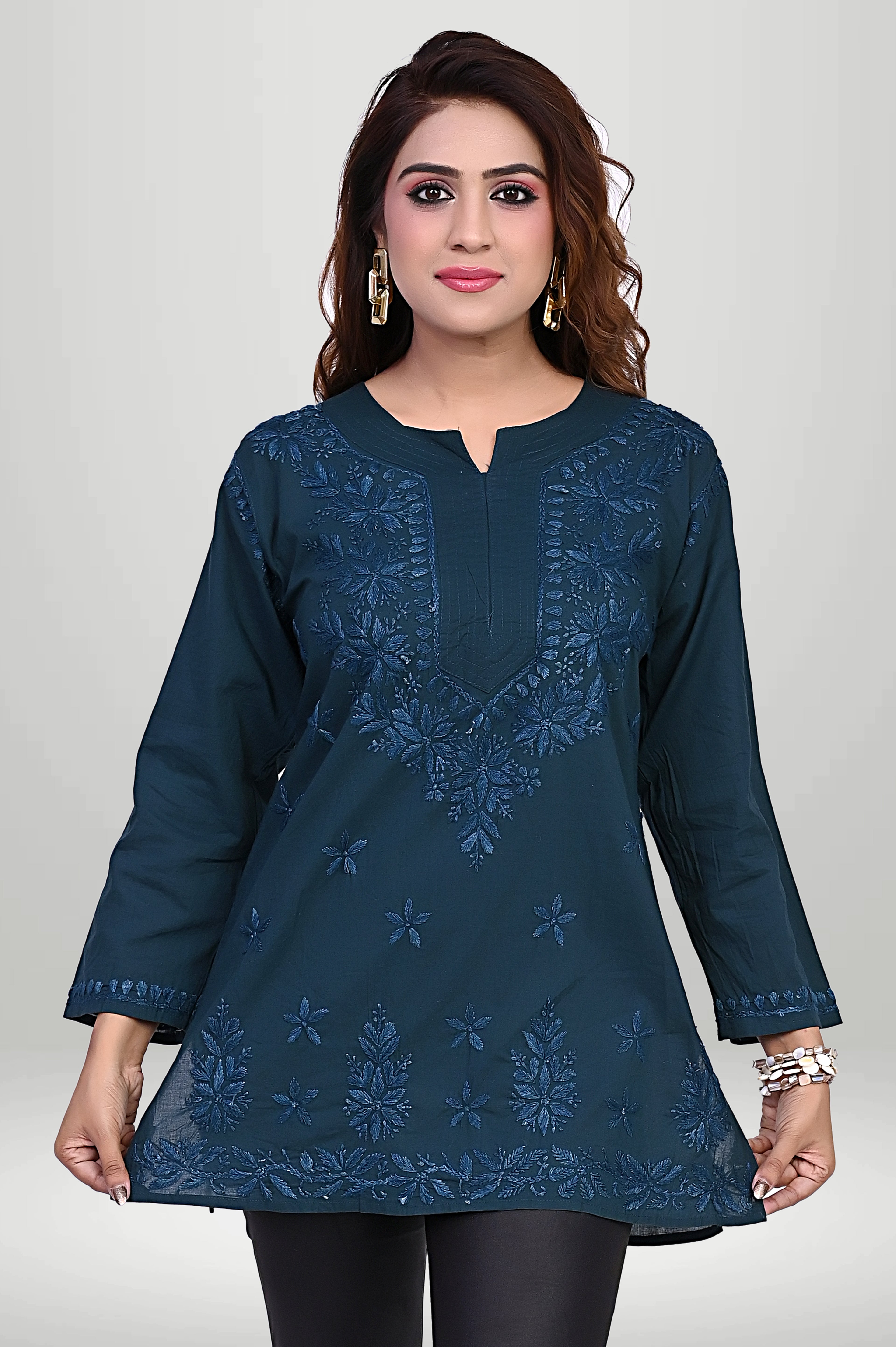 Teal Green Chikankari Embroidered Short Kurti | virtuore