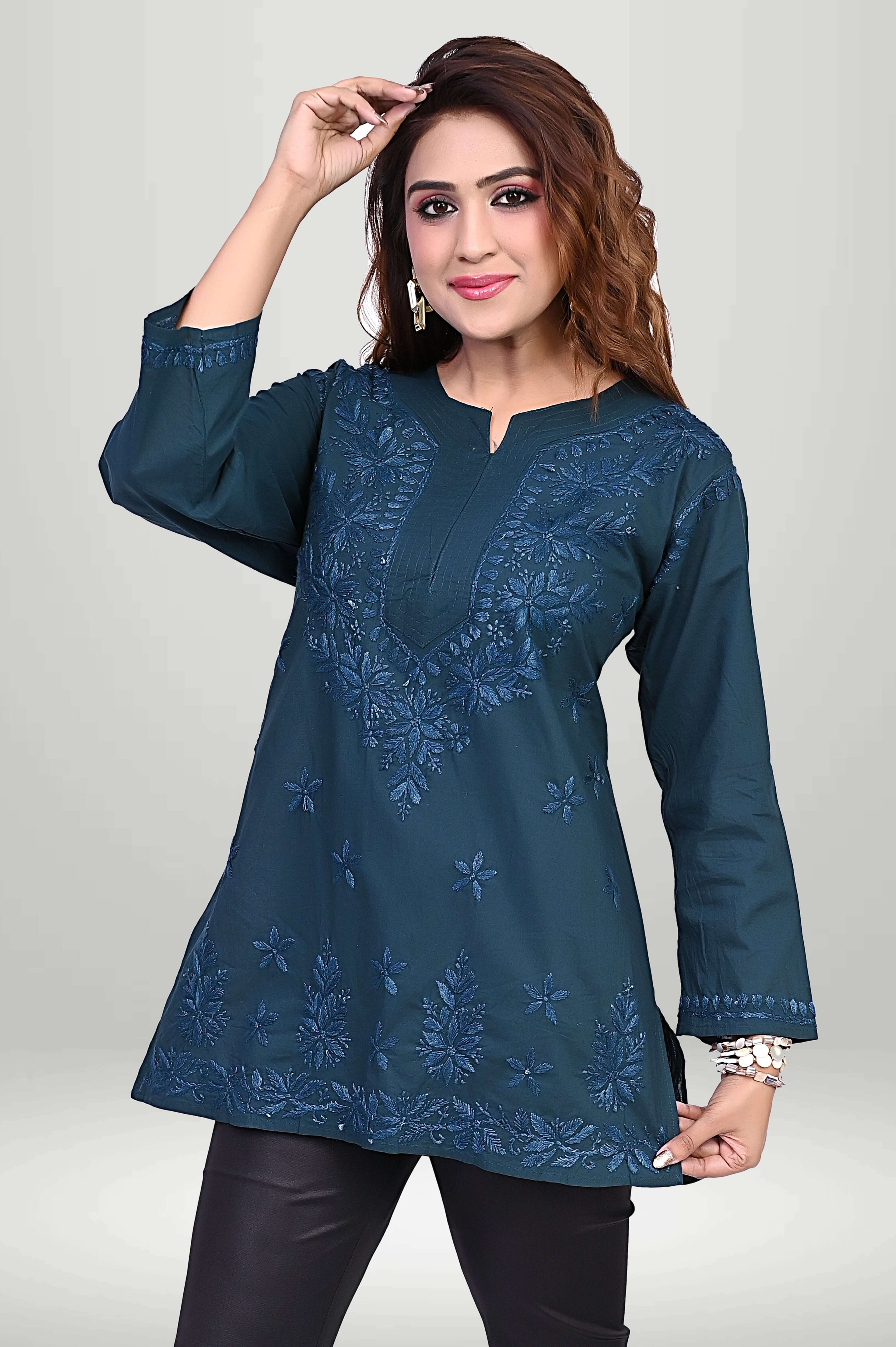 Teal Green Chikankari Embroidered Short Kurti | virtuore