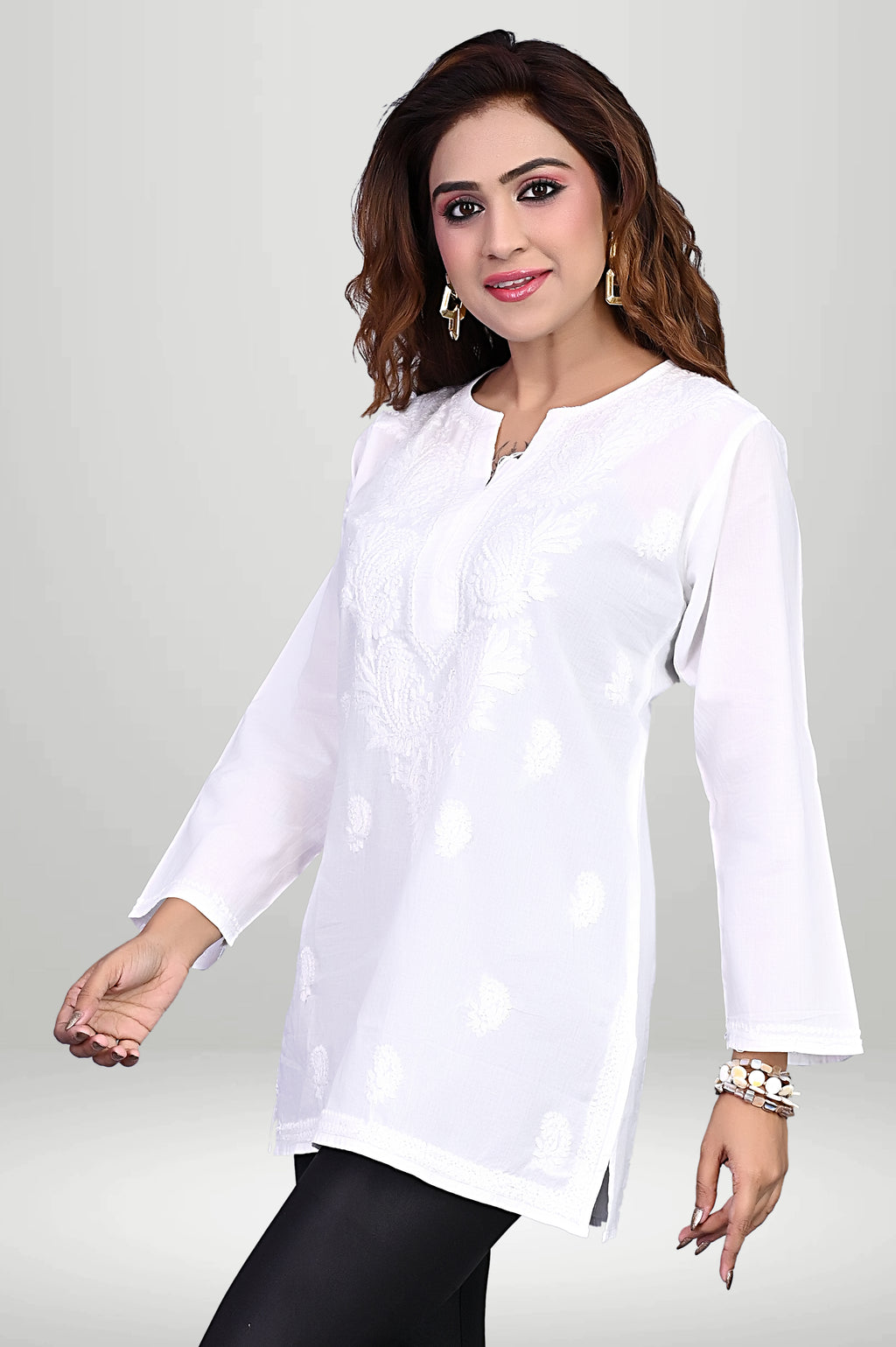 Pure White Chikankari Cotton Embroidered Short Kurti |virtuore