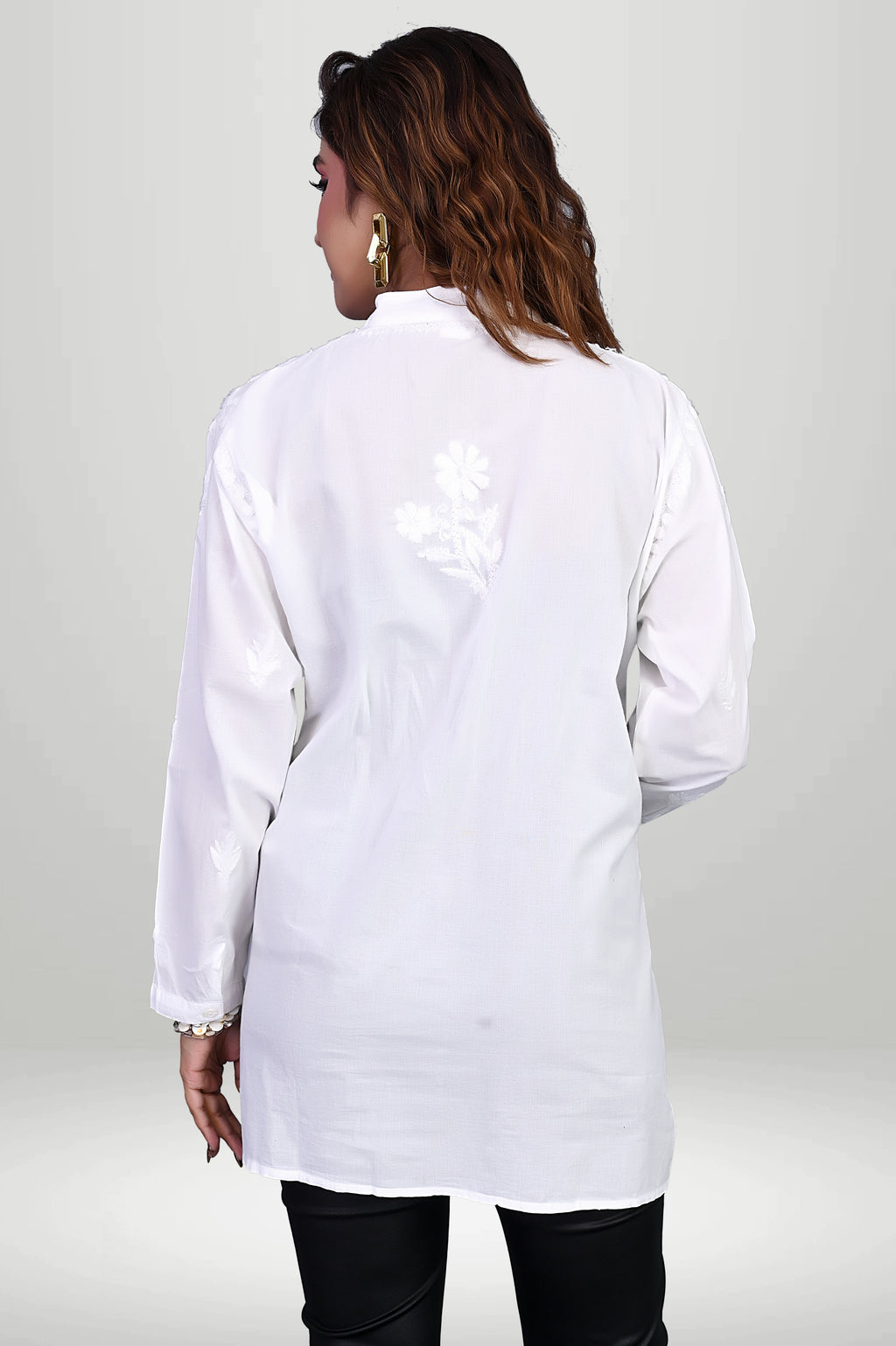 White Front-Open Chikankari Kurti with Mandarin Collar |bviruore