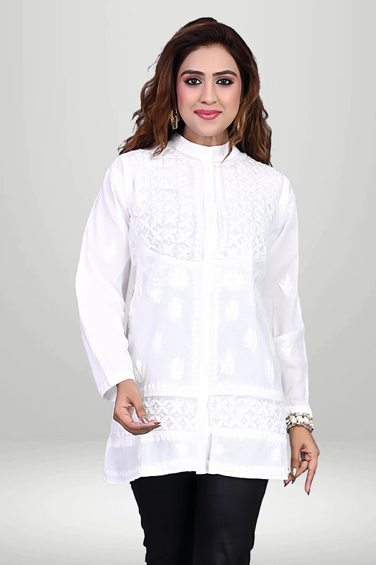 White Front-Open Chikankari Kurti with Mandarin Collar |bviruore