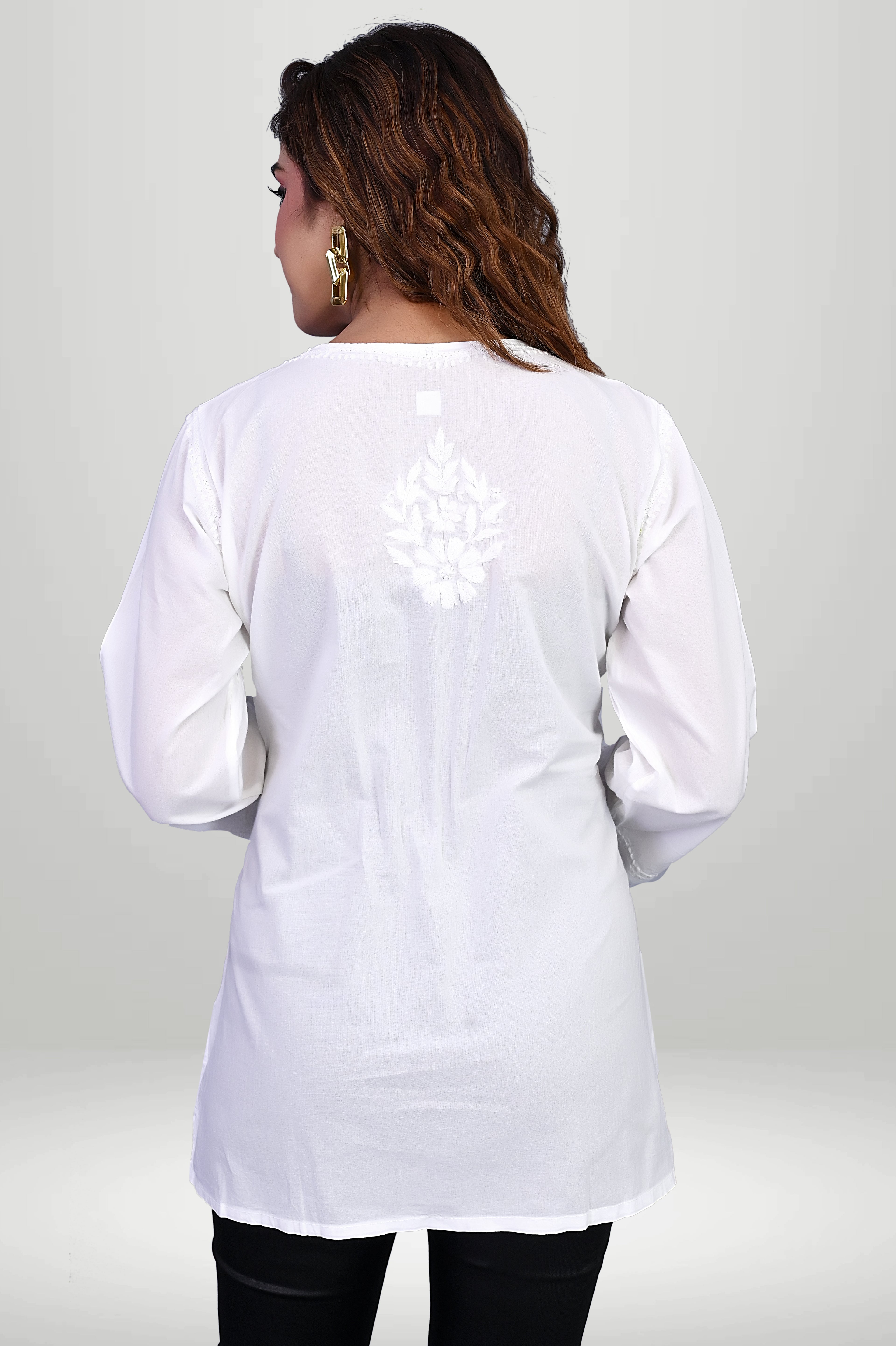 White Floral Chikankari Short Kurti with Side Slits |virtuore