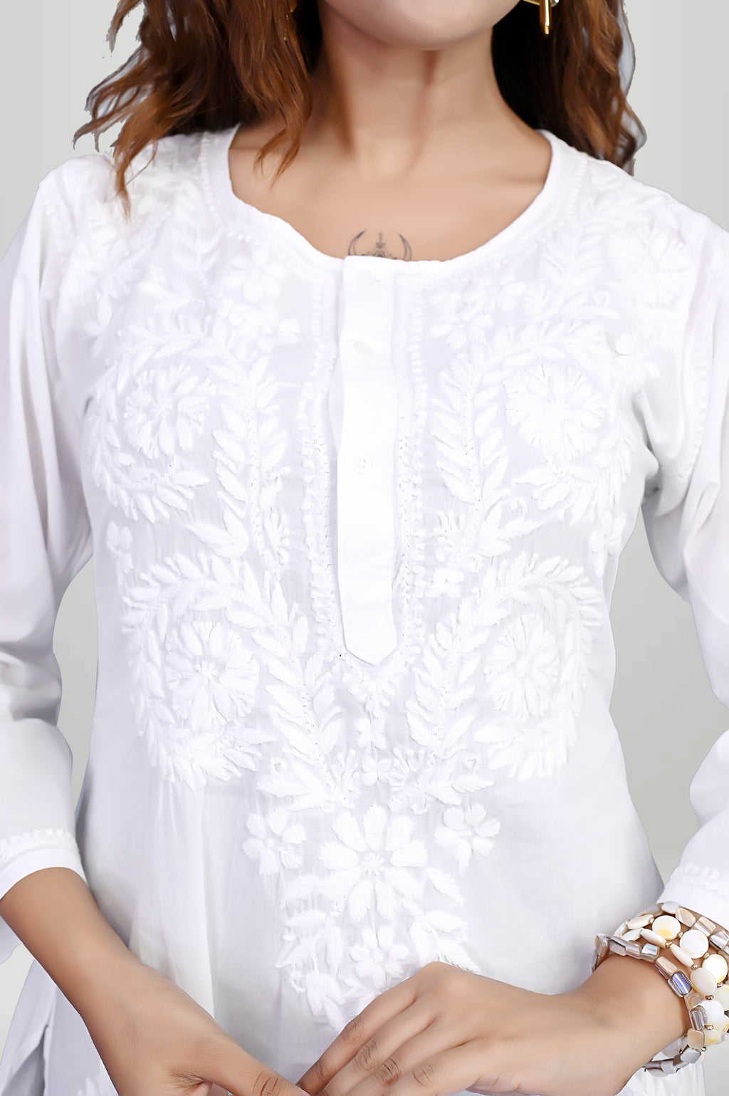 White Floral Chikankari Short Kurti with Side Slits |virtuore