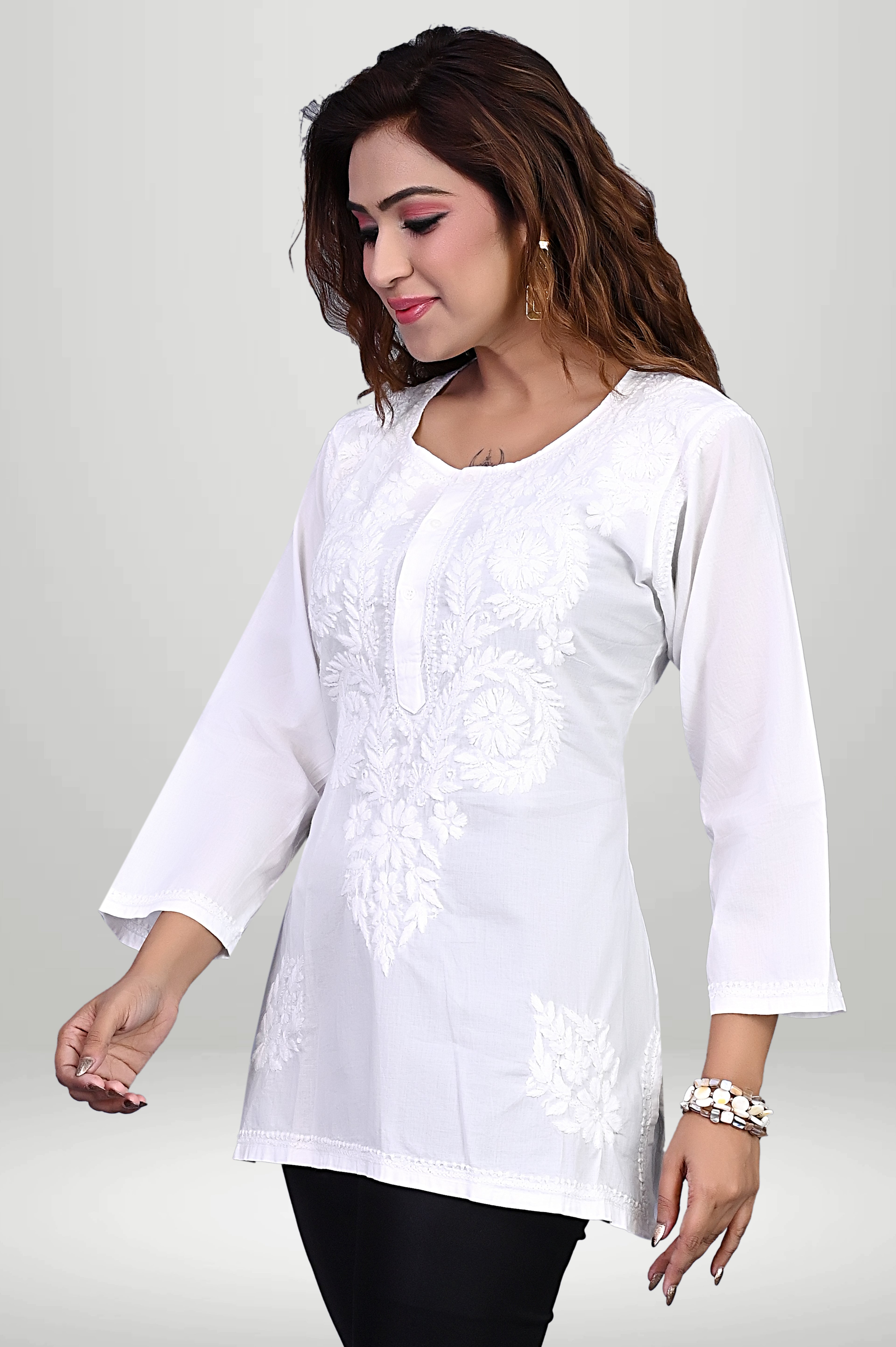 White Floral Chikankari Short Kurti with Side Slits |virtuore